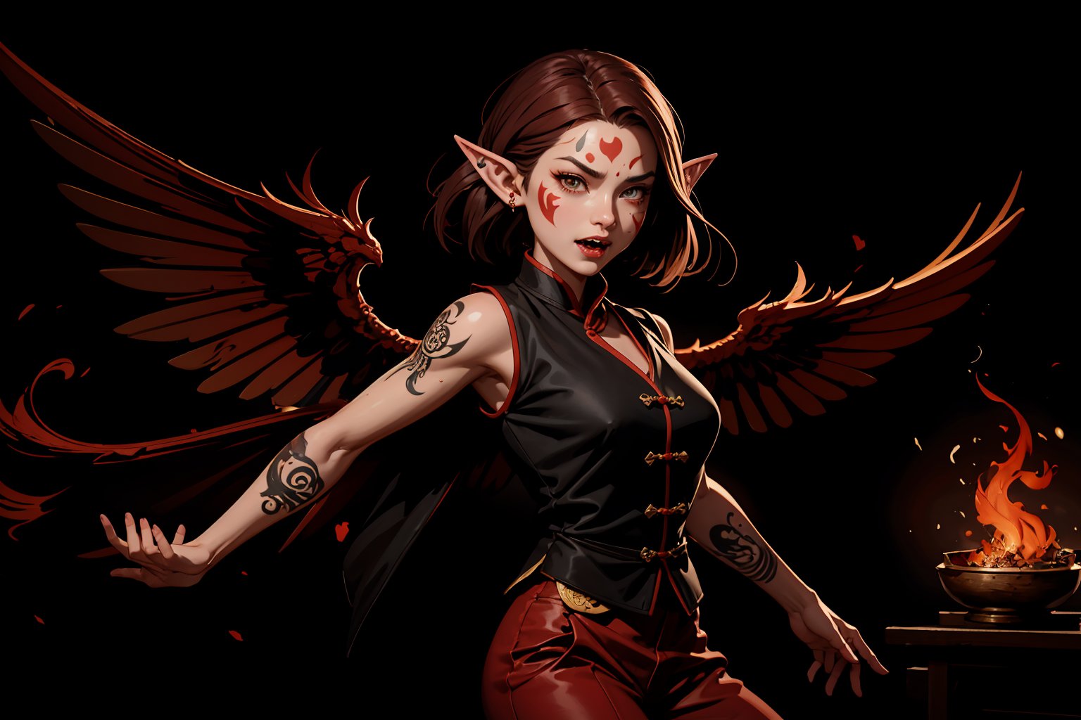 Chinese mythology, solo, 1female, monster_girl, short hair, dark red hair, (facial marks), fierce face, evil face, fangs, sexy lips, (pointed ears), (dark skin), strong body, (phoenix tattoo), (a single wing behind:1.2), (sandalwood, incense:1.2), dark red vest, long pants, smog background, Chinese martial arts animation style