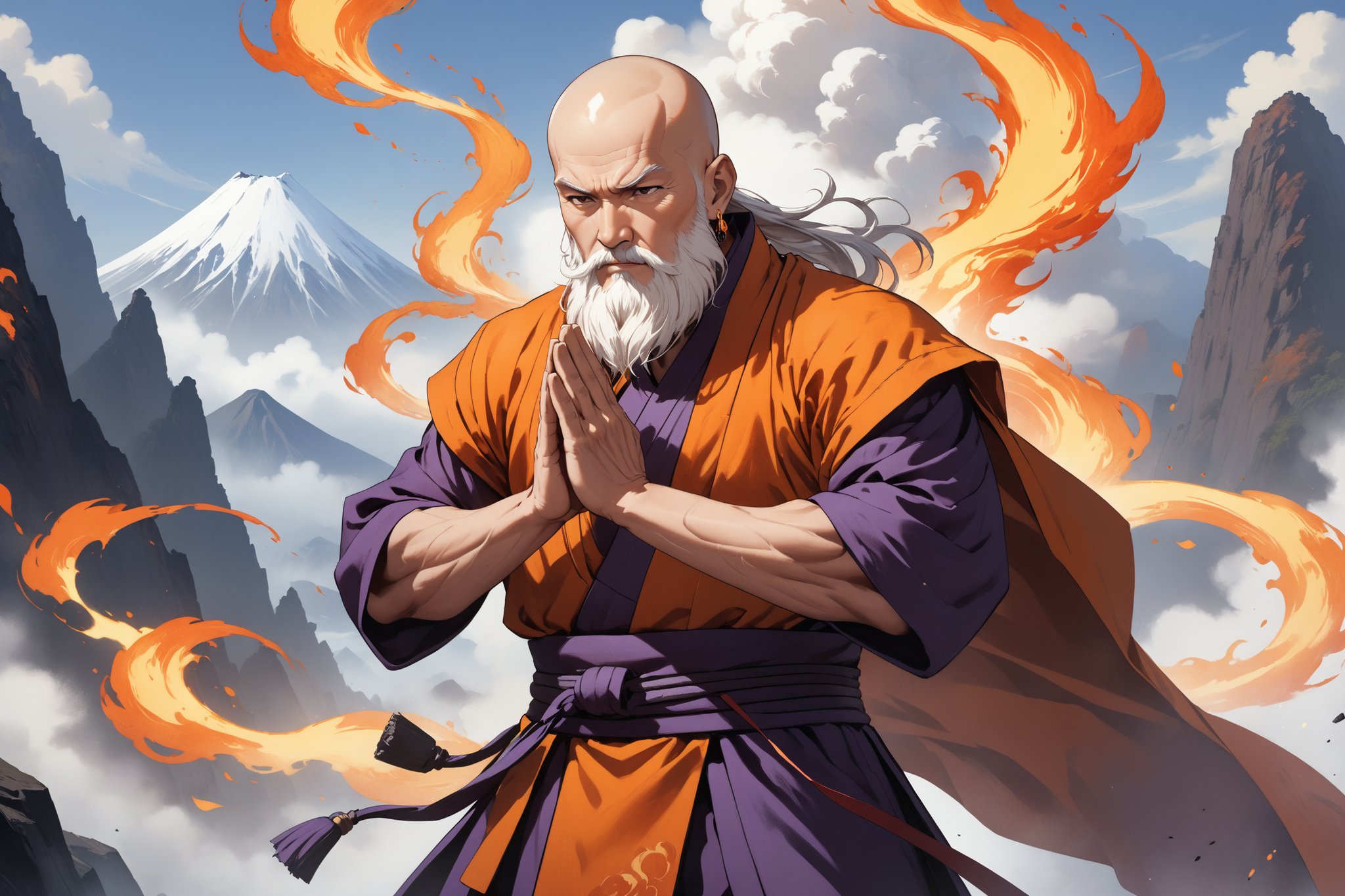 masterpiece, beautiful and aesthetic, ultra detail, intricate, 1male, solo, (60 years old, old man), detailed character design, warrior monk, godlike, domineer expression, bead_earrings, (full beard, white), bald, (short stature, muscular), (Kasaya of Shoulder-covering Style, orange), dark purple pants, (magic flame on shoulders), (upper body), dynamic pose, (his hands in prayer pose), standing on the peak, Chinese martial arts animation style, volcanos, mists