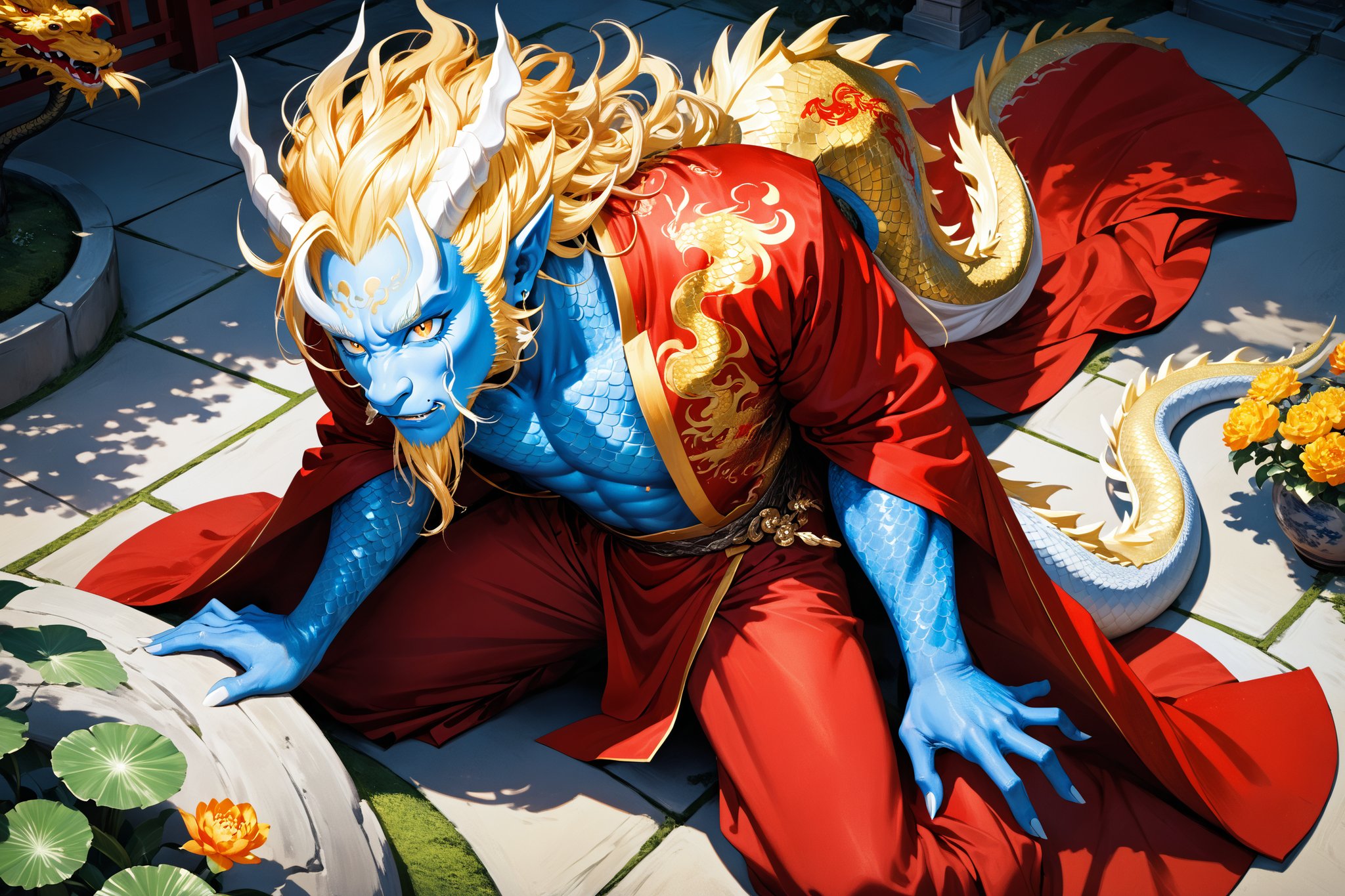 masterpiece, beautiful and aesthetic, ultra detail, intricate, 1man, solo, 55 years old, (Dragon King), detailed character design, his expression filled with awe, (Chinese dragon features, dragon eyes, dragon nose, dragon beard), (messy hair, golden hair), (blue skin, glistening scales skin), tall and strong, (red imperial robe), from above, dynamic pose, hands in prayer pose, respect, Inspired by Chinese mythology story, garden background, trees, flowers, multicolor