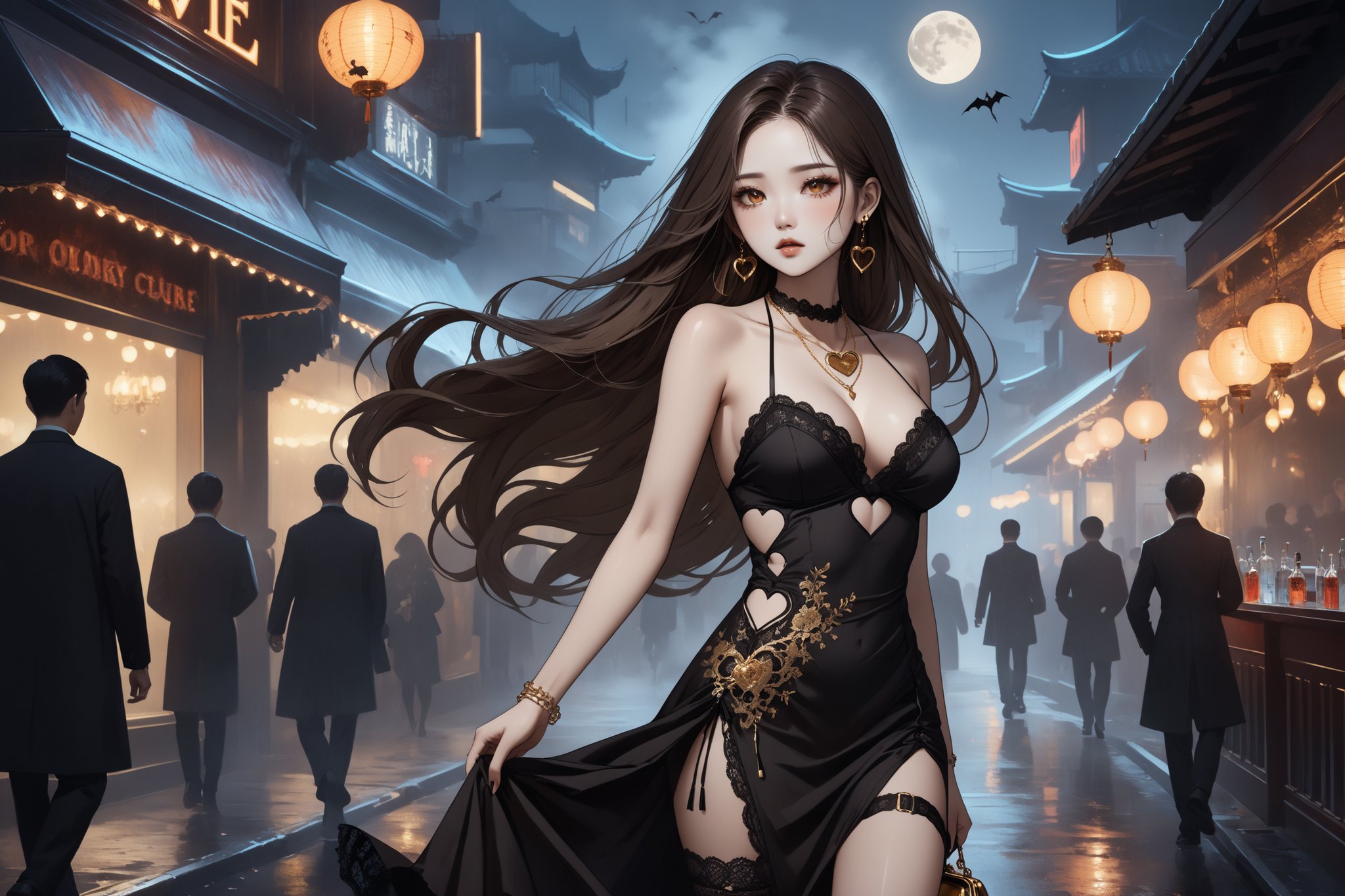 horror-themed {prompt} . eerie, unsettling, dark, spooky, suspenseful, grim, highly detailed, masterpiece, beautiful and aesthetic, ultra detail, intricate, 1female, solo, 20 years old, detailed character design, Asian beauty, pure, romantic mood, feminine soft face, golden eyes, (smoking), heart earrings, (flowing long hair, brown), detail skin, pore, big breasts, curvaceous, slender waist, (black halter dress, clothing heart shaped cutout, lace trim, leg garter), jewelry necklace, (carry a golden purse), (from side:1.5), dynamic pose, vibrant, outdoors, walking on the street, night club, night moon