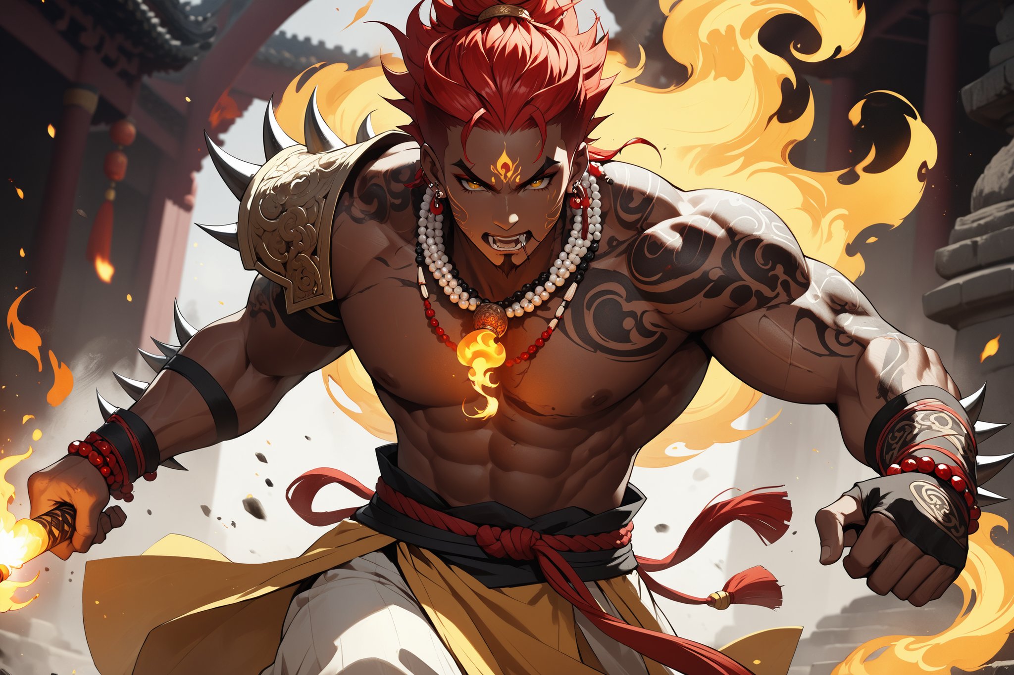 masterpiece, beautiful and aesthetic, ultra detail, intricate, 1male, demon, solo, detailed character design, (facial burn scars), (a fire tattoo on forehead), monstrous maw, (thick eyebrows, red eyebrows), (nose ring), (short and spiked hair, red hair), (giant, muscular), dark skin, bead_necklace, (Hanfu, yellow, bare arms), (fingerless gloves, yellow), (holding magic flame), running, dynamic pose, Chinese martial arts animation style, Inspired by Chinese mythology story, out of prison