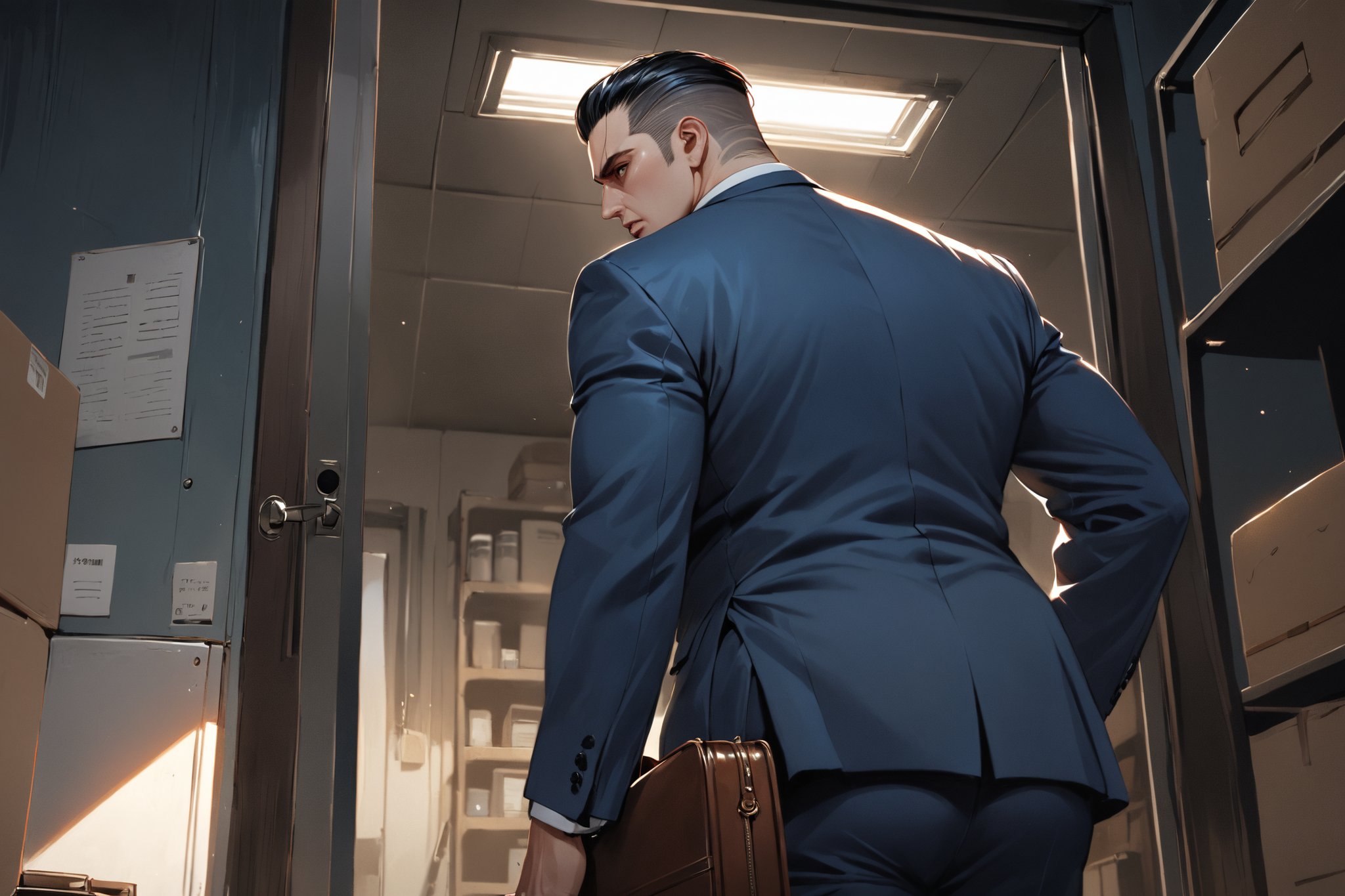 masterpiece, beautiful and aesthetic, ultra detail, intricate, detailed character design, 1man, solo, 45 years old, boss, lascivious, (panic expression:1.5), black small eyes, (slicked back undercut, black), (fat body, fat face), blue suit, white shirt, (holding a briefcase), opening the door, (from below, looking back), in storeroom