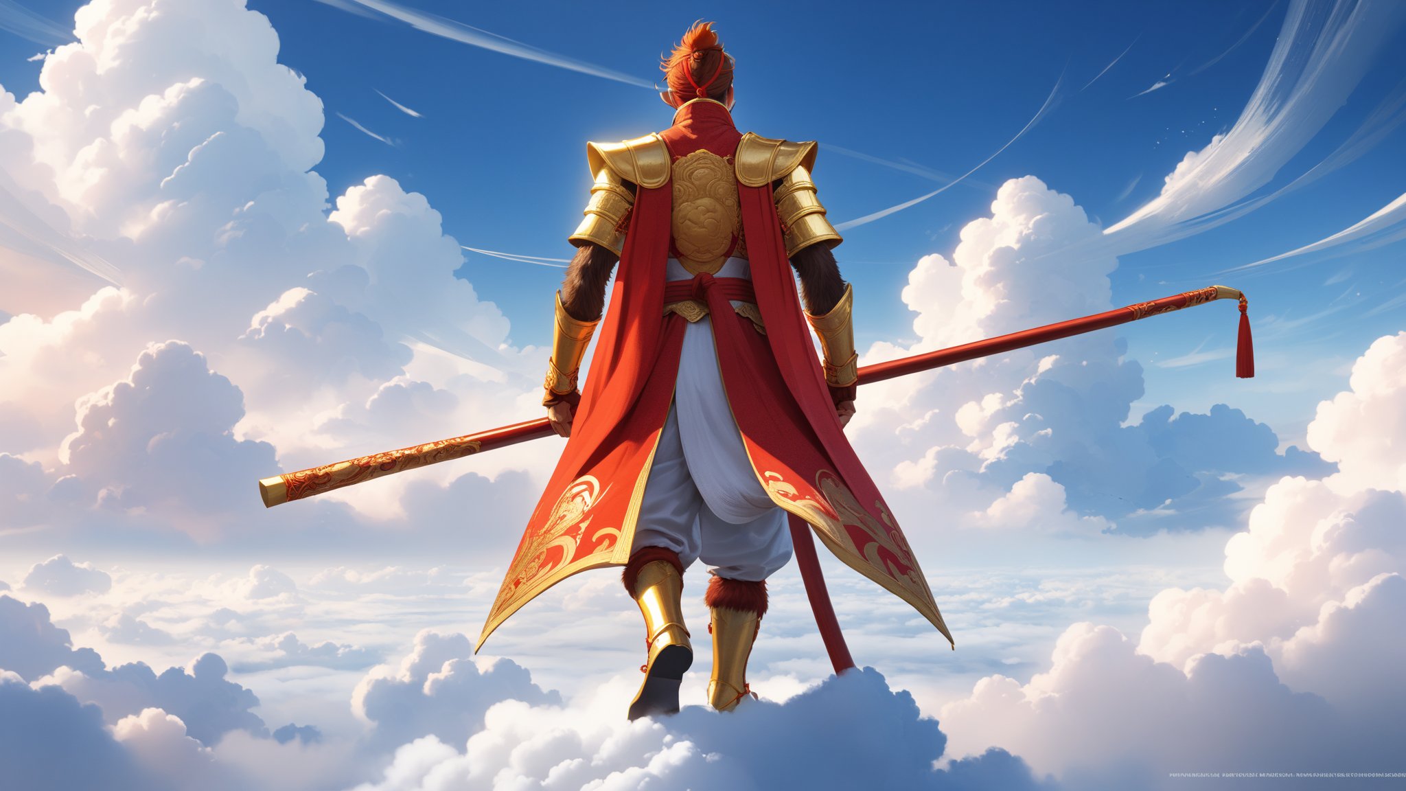 masterpiece, beautiful and aesthetic, ultra detail, intricate, 1male, solo, Monkey King, (monkey features:1.5), detailed character design, red hafu, golden armor, (holding a golden long stick:1.5), (far away shot:1.5), (back view:1.5), dynamic pose, (standing on the clouds:1.5), sky, clouds 