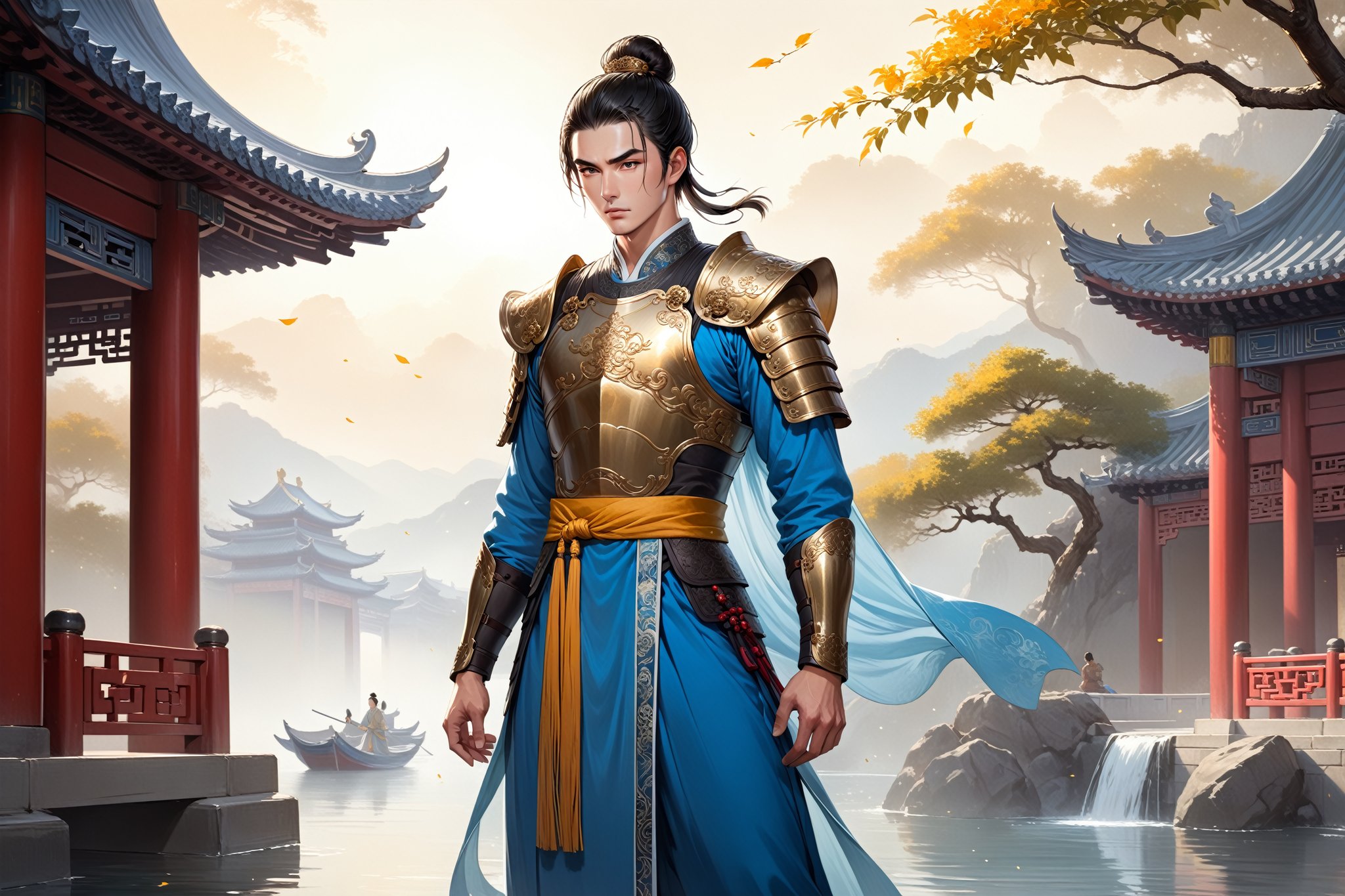 masterpiece, beautiful and aesthetic, ultra detail, intricate, (solo, 1male:1.5), 25 years old, detailed character design, Chinese mythology story, a heavenly guardian, serene expression, manly, bushy eyebrows, wide eyes, wide jaw, (black hair, a single hair bun), tall and lean, (Han Chinese clothing, armor, brown), full shot, dynamic pose, standing, holding a book, creating a picturesque view of a heavenly palace, bathed in soft, ethereal light.