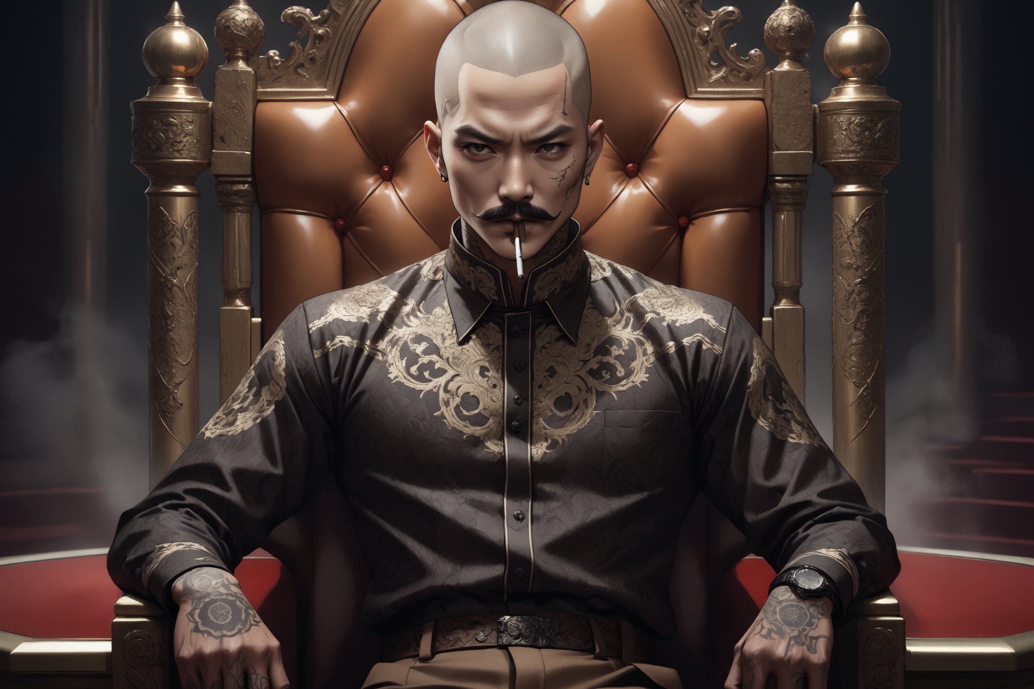 horror-themed {prompt} . eerie, unsettling, dark, spooky, suspenseful, grim, highly detailed, masterpiece, beautiful and aesthetic, ultra detail, intricate, 1male, solo, 40 years old, detailed character design, Asian, badass, a deep knife scar across his face, cigar in mouth, black Pencil-like moustache, Buzz Cut, tall and heavy, tan skin, neck tattoo, pattern shirt, brown pants, dynamic pose, sitting in the throne, in casino