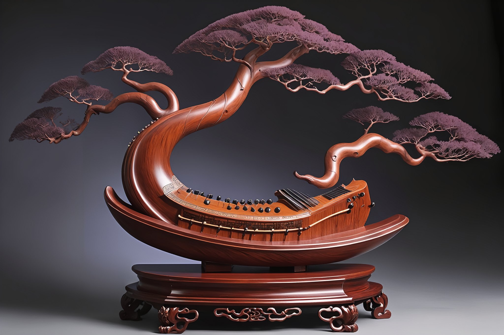 Inspired by Chinese mythology, a giant tree root, purple, sacred red sandalwood from the Tianshan Mountains, shaped like a guzheng, placed on a special base, carefully carved, ingenious, very delicate base, ancient China, anime style, 2d