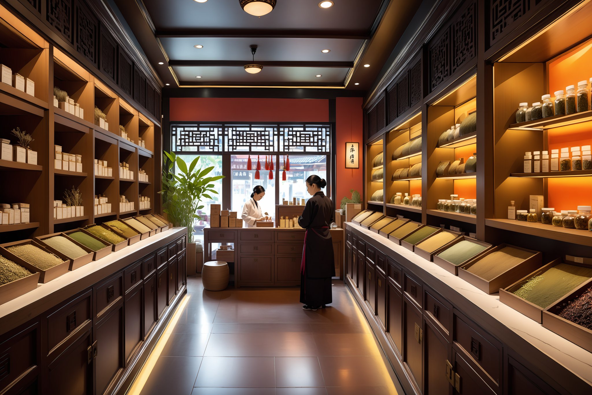 Vibrant hues illuminate the bustling Chinese medicine store, where intricately carved wooden cabinets line the walls, each small drawer overflowing with an array of dried herbs and precious botanicals. In the foreground, a skilled Chinese herbalist diligently prepares custom remedies at the counter, amidst a whirlwind of activity as customers await their personalized treatments.