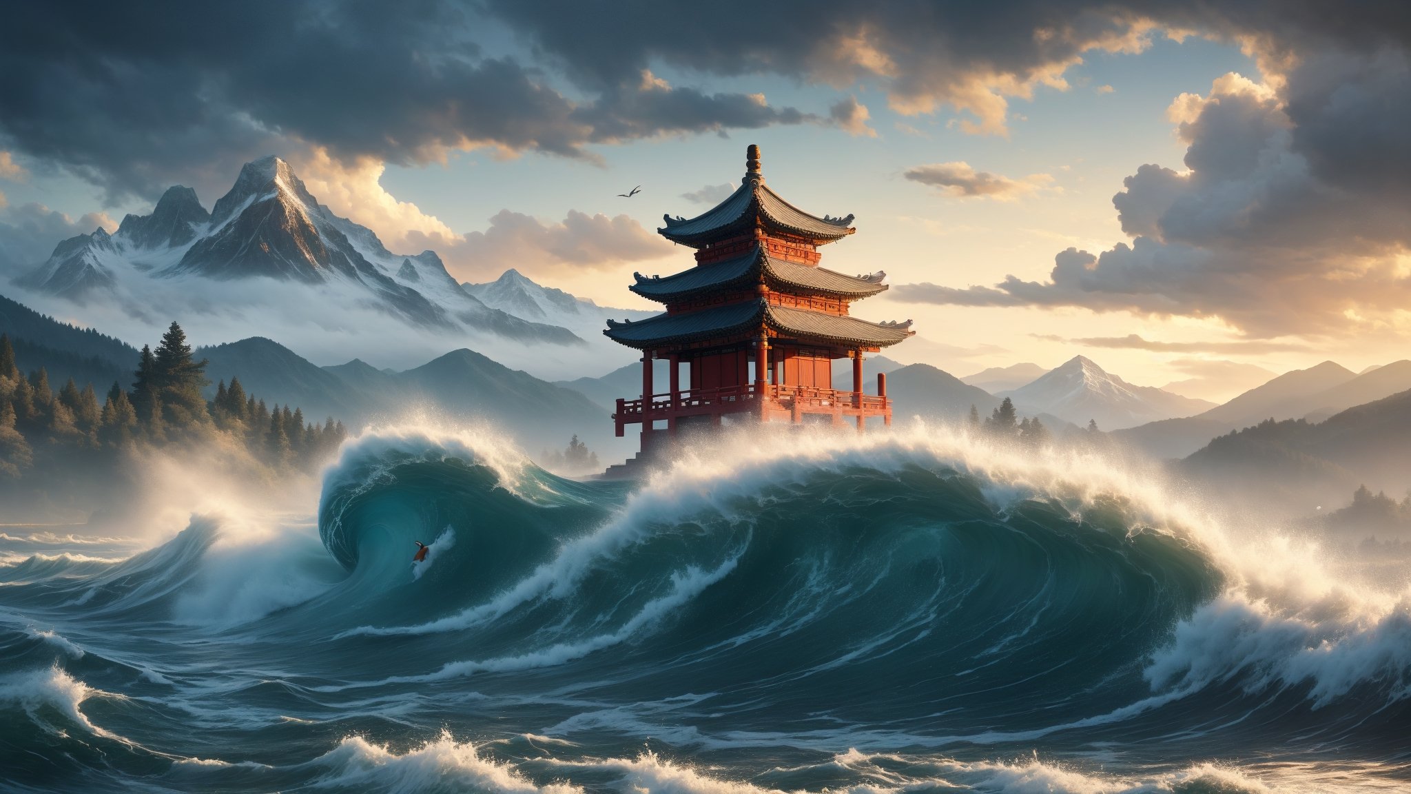 water, foaming, wave, monster, foggy, mountains, Chinese temple, clouds, birds, at Twilight, tilt shift, Cleancore, HDR, Mustafa Abdulhadi, involved in a project, DonM3l3m3nt4l, 