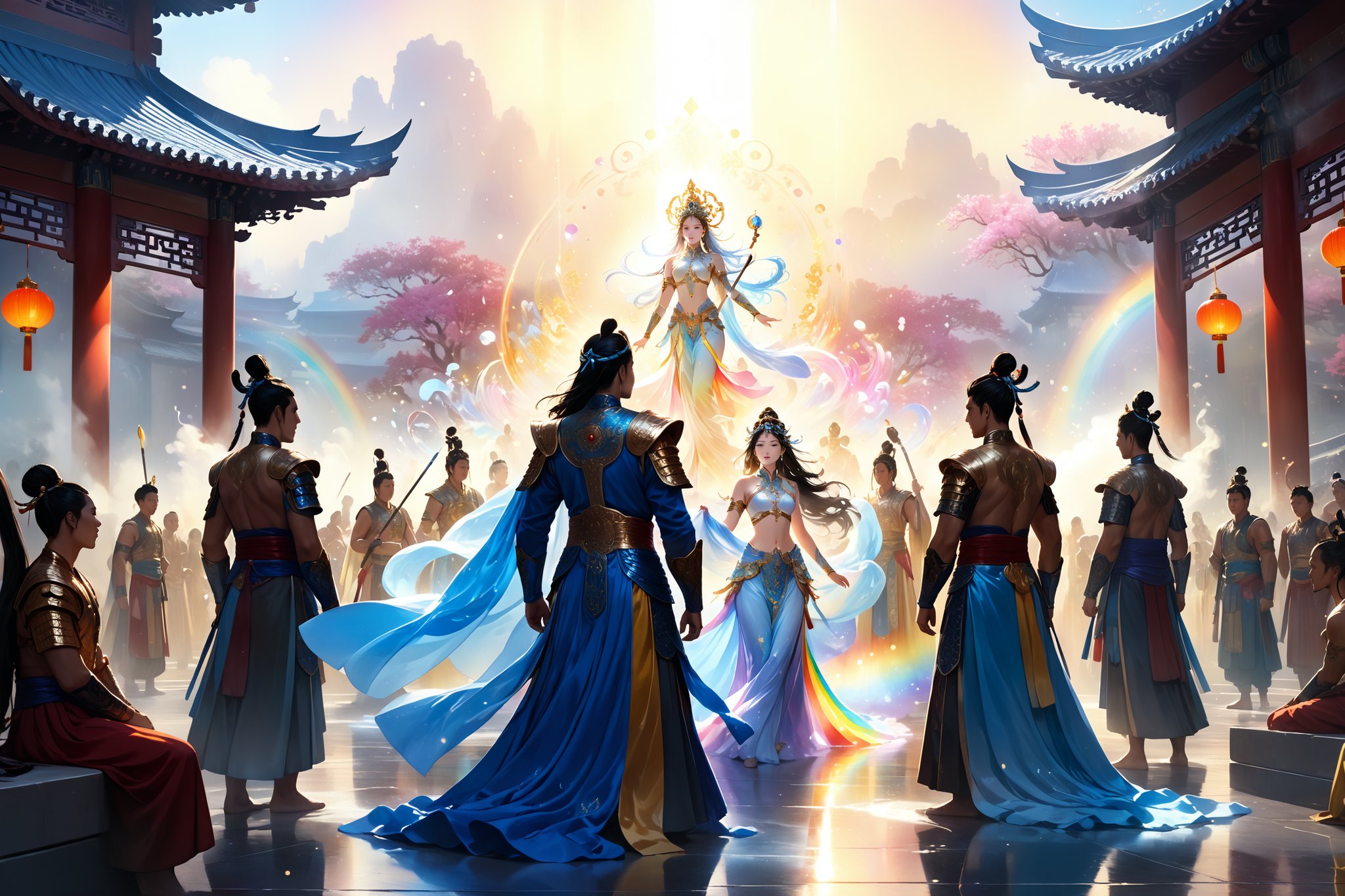 Masterpiece, beautiful and aesthetic, ultra detail, intricate, Chinese mythology story. Against a foggy dusk backdrop, Prisma Sakura oil's masterclass splash of rainbow opaline colors trickles and daubs across the heavenly court. Immortals and gods gather amidst lively atmosphere, their regalia glistening in ultra-high detail. Centered composition showcases divine figures amidst bokeh-hazed light, lens flares dancing across the scene. Cinematic lighting casts a high dynamic range bloom, illuminating the mystical gathering.