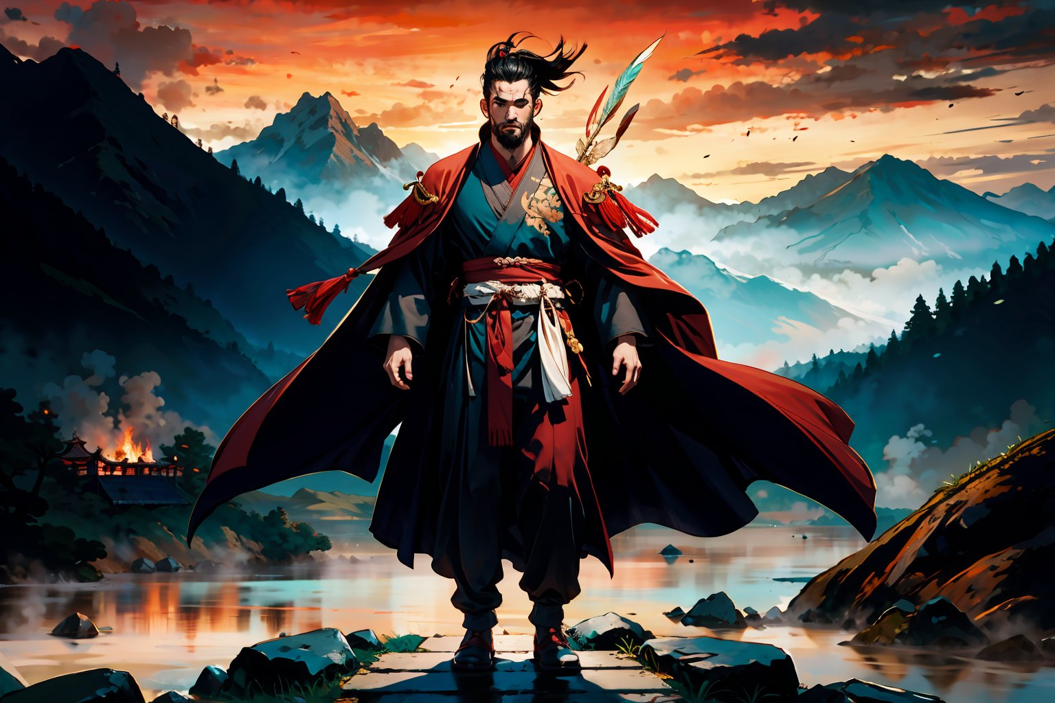 Chinese mythology story, solo, 1man, forty years old, long black hair, two beards, aqua Taoist robe, holding a feather fan, thin and tall, full body, mountain, chinese temple background, boichi manga style