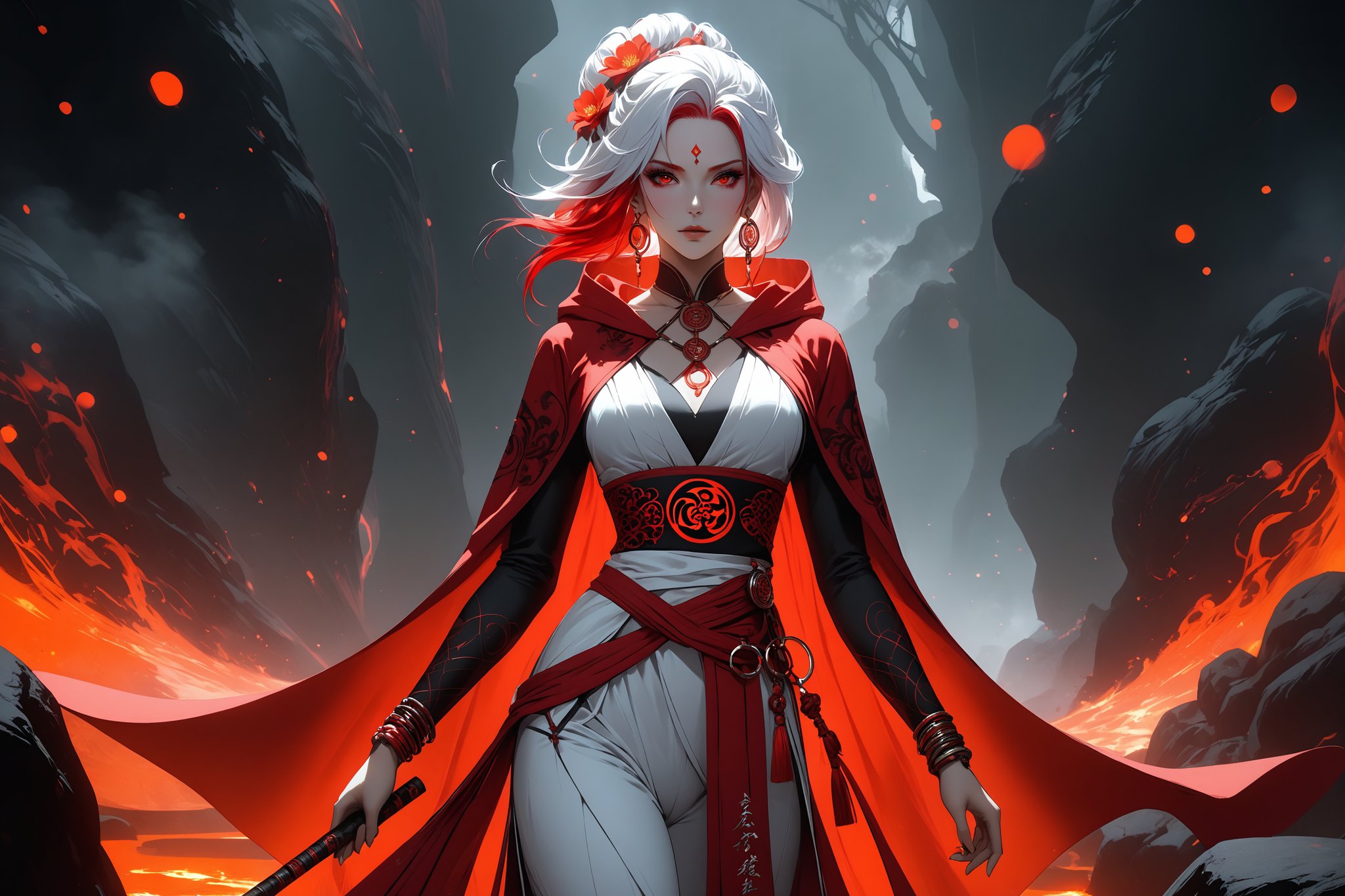 masterpiece, beautiful and aesthetic, ultra detail, intricate, 1female, 40 years old, detailed character design, sorceress, mysterious, (a red mole on forehead:1.2), red eyes, hoop earrings, (medium hair, traditional Chinese updo, Split-color Hair, white Hair, red Hair), hair flower, bangle, short stature, hooded cloak, (Taoist robe, pants, orange), cane, from behind, dynamic pose, her hands crackling with arcane energy, standing on lava, smokey, mysterious colorful, magic effect, in heavenly palace