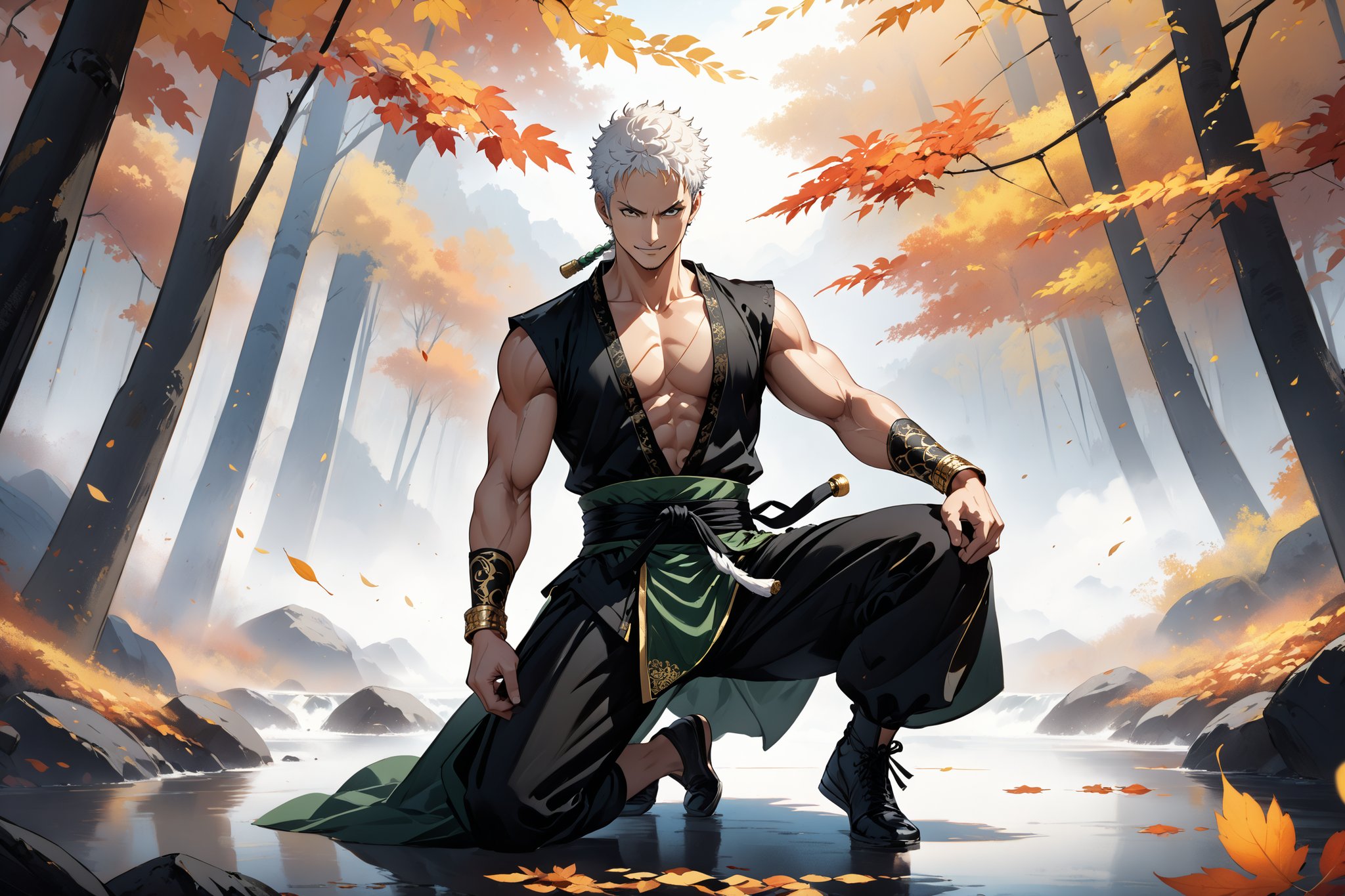 masterpiece, beautiful and aesthetic, ultra detail, intricate, 1male, solo, representation of the legendary martial artist, Roronoa Zoro features, detailed character design, (toothy smile), (white hair), exquisite body, strong abdominal muscles, (golden armlet:1.2), (black half gloves), black martial arts belt, (black Hanfu, sleeveless), black lace-up ankle brace, (looking aside:1.5), dynamic pose, (kneel on one knee:1.3), Chinese martial arts animation style, forests, mists, autumn leaves fluttering around