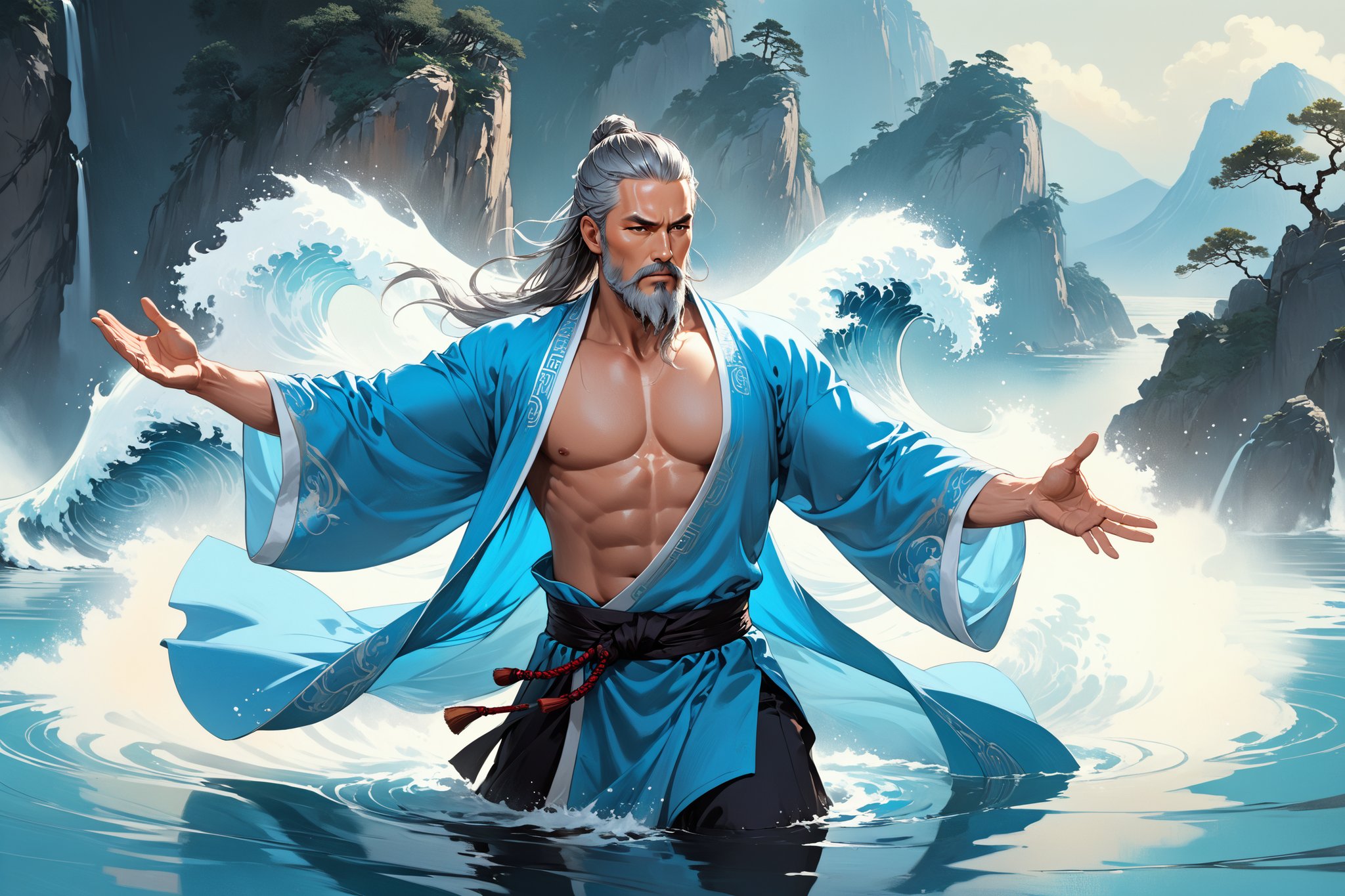 masterpiece, beautiful and aesthetic, ultra detail, intricate, Chinese martial arts animation style, divine, manly, legendary, 1male, solo, (40 years old:1.5), detailed character design, a look of determination, two beards, long grey hair, tall and thin, aqua Taoist robe, (upper body), dynamic pose, walking on water, creating a picturesque view of a heavenly palace, wave, bathed in soft and ethereal light.