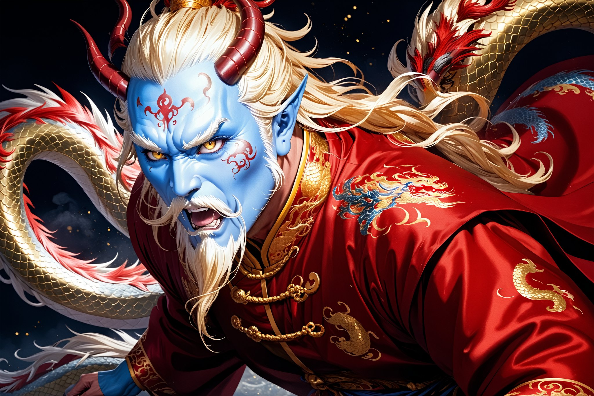 masterpiece, beautiful and aesthetic, ultra detail, intricate, 1man, solo, 55 years old, detailed character design, (Chinese dragon fetures, dragon eyes, dragon nose, dragon beard), blue face, glistening scales skin, domineer expression, (messy golden hair, red mane), (fatty:1.5), golden imperial robe, upper body, dynamic pose, Inspired by Chinese mythology story, dragon palace