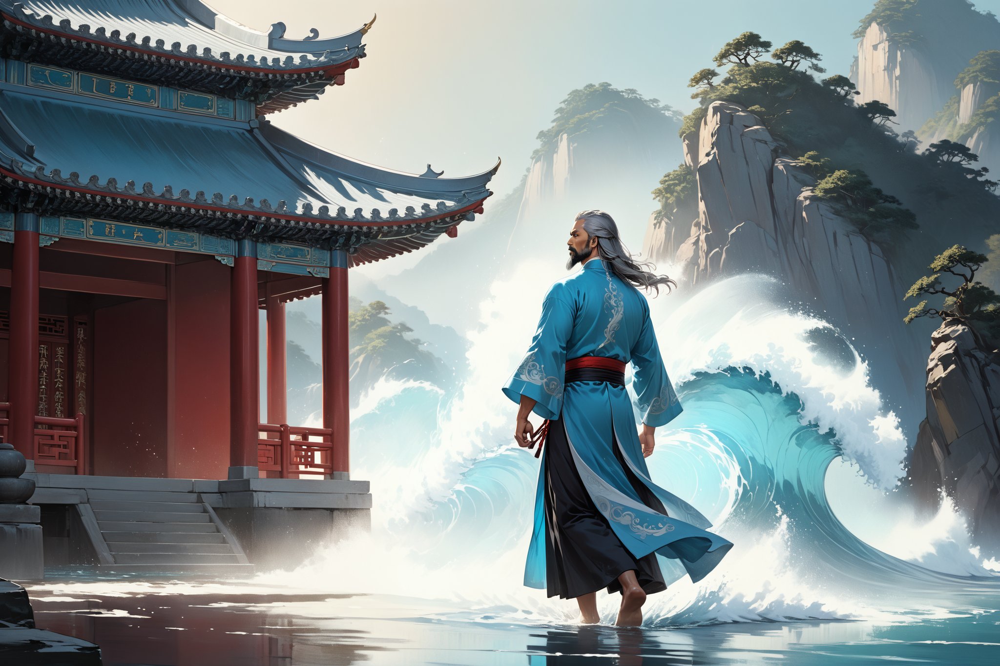 masterpiece, beautiful and aesthetic, ultra detail, intricate, Chinese martial arts animation style, divine, manly, legendary, 1male, solo, (40 years old:1.5), detailed character design, a look of determination, two beards, long grey hair, tall and thin, aqua Taoist robe, (back view:1.5), dynamic pose, walking on water, creating a picturesque view of a heavenly palace, wave, bathed in soft and ethereal light.