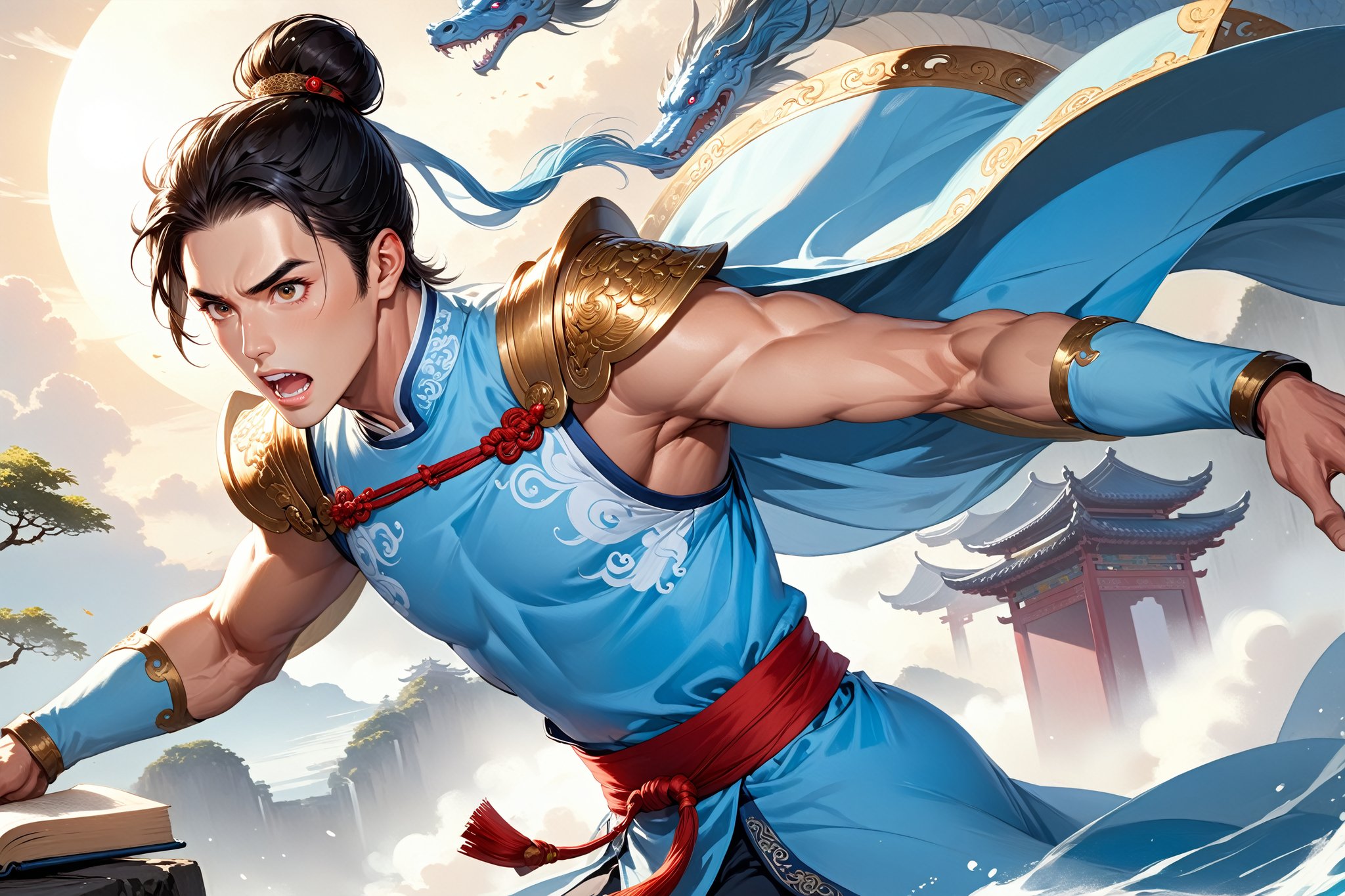 masterpiece, beautiful and aesthetic, ultra detail, intricate, (solo, 1male:1.5), 25 years old, detailed character design, Chinese mythology story, a heavenly guardian, calm look on face, manly, bushy eyebrows, big eyes, (wide jaw:1.5), (black hair, a single hair bun), tall and lean, (Han Chinese clothing, armor, brown), dynamic pose, looking up, taking a book, creating a picturesque view of a heavenly palace, bathed in soft, ethereal light.