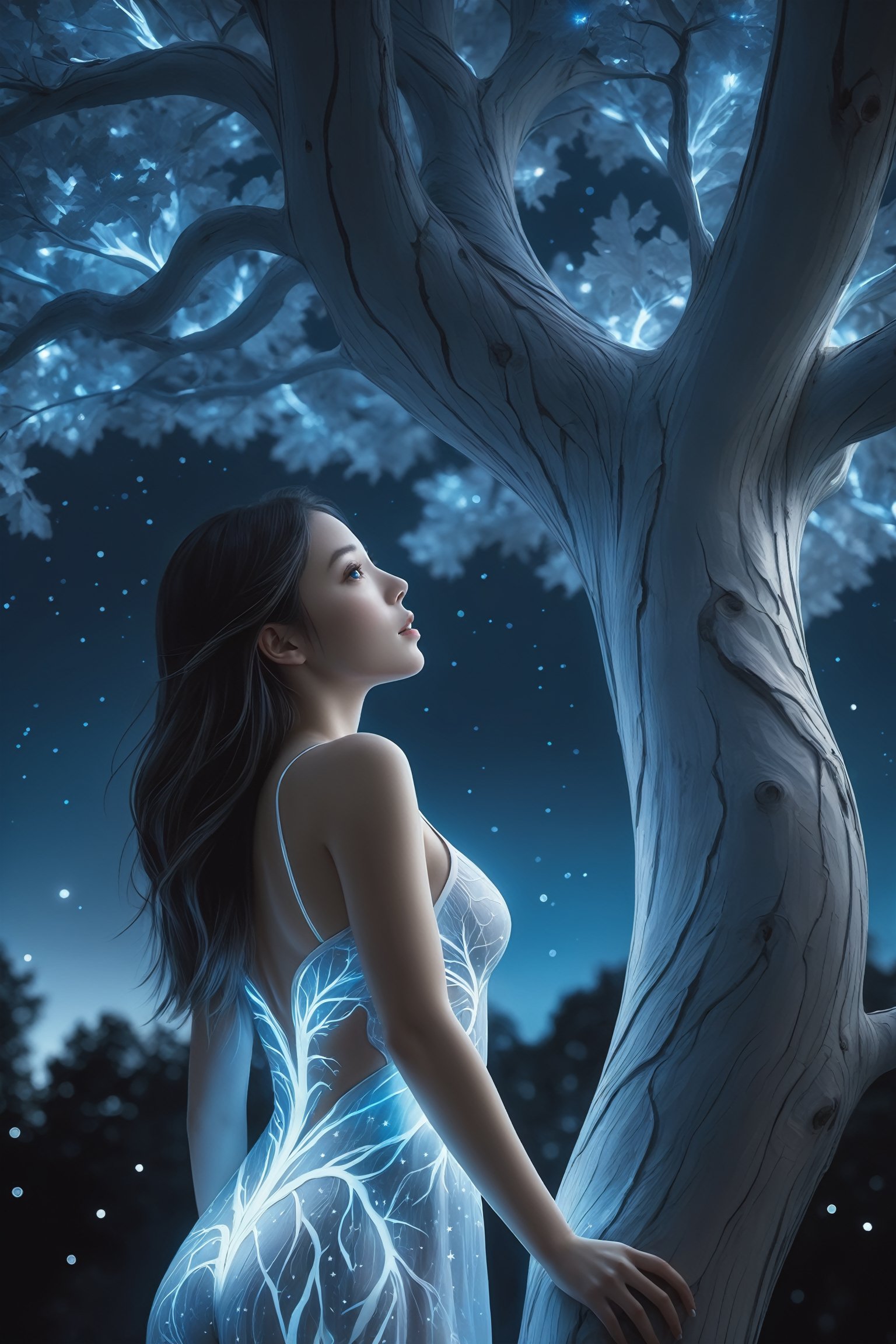 (masterpiece), best quality, high resolution, highly detailed, detailed background, cinematic light, 1 girl, (woman body), night, dark sky, luminous tree, giant tree, white bark with blue luminous veins, white leaves, stars, blue tones, wallpapers, high quality, glow, magic, High detailed, Color magic