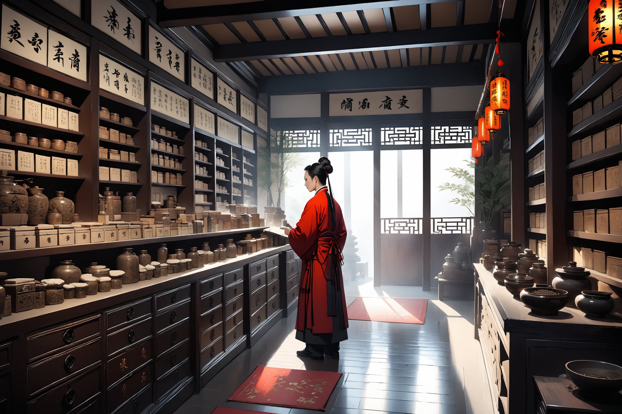 (((Masterpiece, beautiful and aesthetic, ultra detail, intricate))), In ancient China, there was a prosperous Chinese medicine store. The walls were lined with small drawers, which contained a variety of Chinese medicinal materials. A man, the Chinese herbalist at the counter, Busy preparing Chinese medicine for customers.