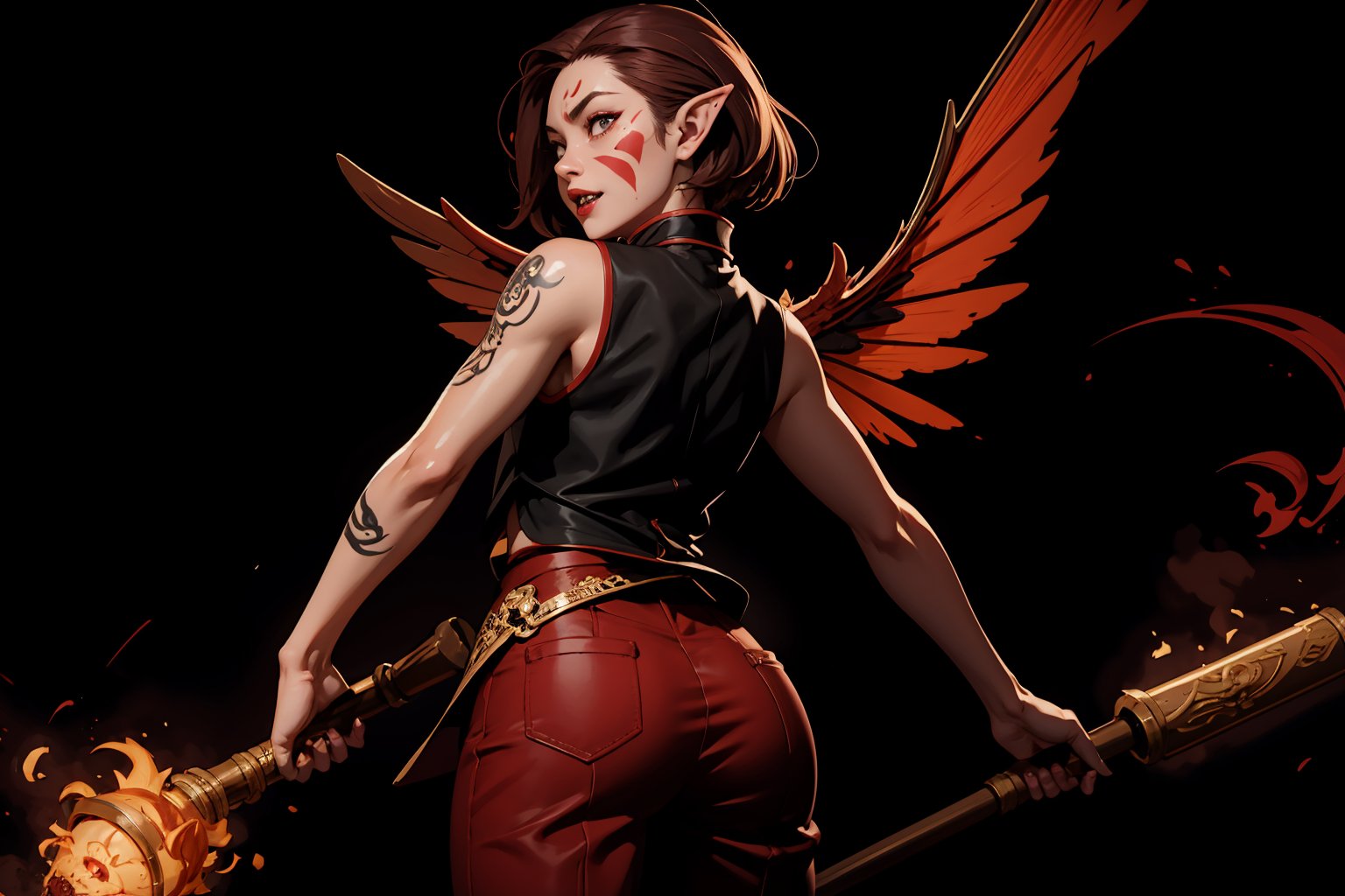 Chinese mythology, solo, 1female, monster_girl, short hair, dark red hair, (facial marks), fierce face, evil face, fangs, sexy lips, (pointed ears), (dark skin), strong body, (phoenix tattoo), (a single wing behind:1.2), holding a mace, dark red vest, long pants, (look back, from behind:1.2), Chinese martial arts animation style