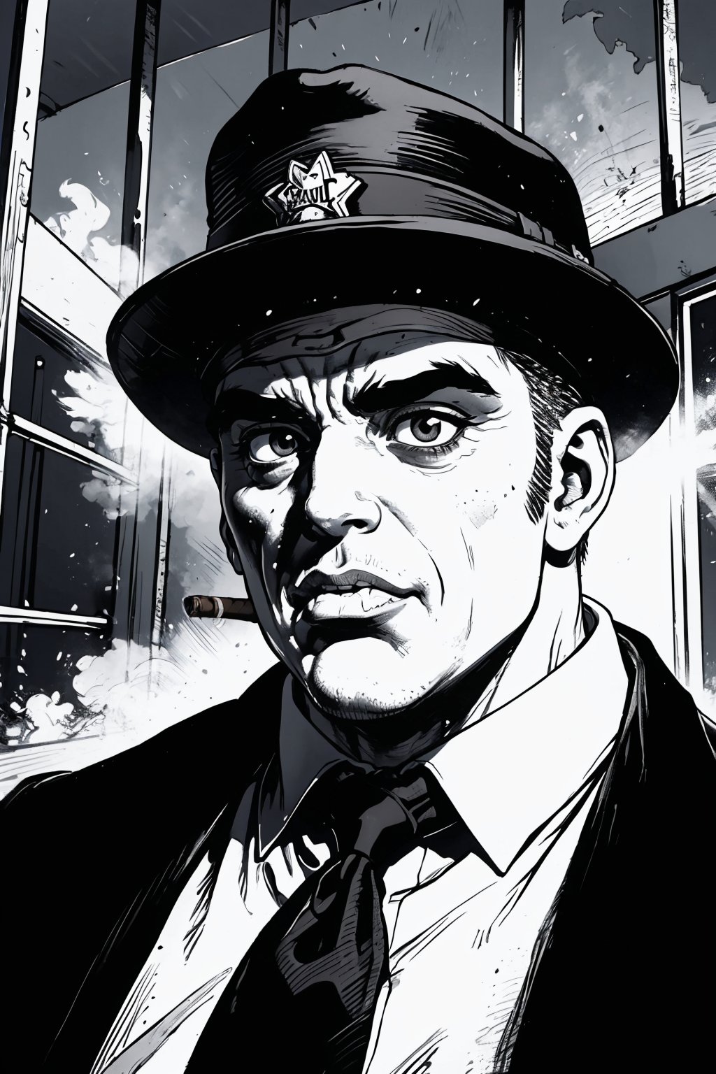 boichi manga style, monochrome, greyscale, solo, A criminal, he is Chicago mob boss Al Capone, round face, thick eyes, big mouth, thick lips, scarred cheeks, vicious face, smoking a cigar, wearing a round hat, tall and fat, wearing a prison uniform, in the cage, ((masterpiece))