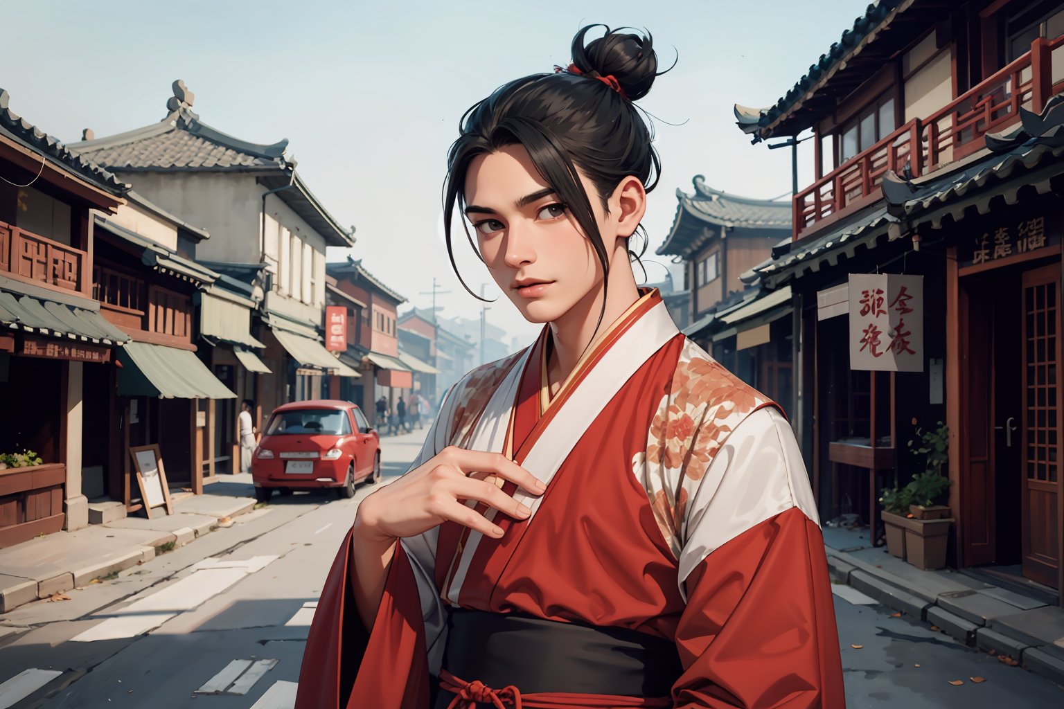 Masterpiece, best quality, detailed character design, UHD, (solo, 1male:1.5), 25 years old, a traditional Chinese physician, serene expression, manly, (wide jaw), (black, single hair bun:1.3), tall and lean, accurate body and hand anatomy, (hanfu, grey), elegant, ancient town in the background, outdoors, ancient China style,