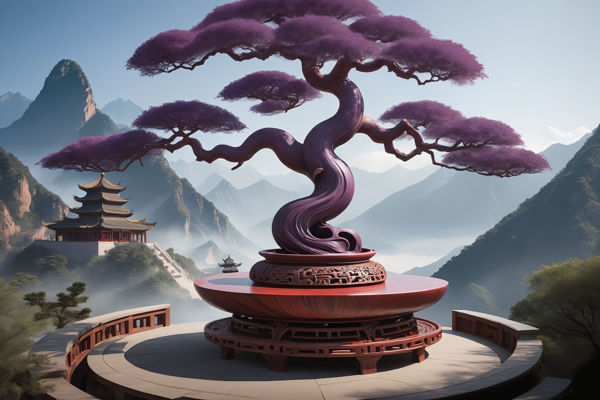 A majestic, 2D-animated depiction of an ancient Chinese scene: A massive, purple-hued tree root, resembling the shape of a guzheng, rises from the ground. The sacred red sandalwood is carefully crafted, adorned with intricate carvings on its delicate base. Against the serene backdrop of the Tianshan Mountains, this mysterious root stands tall, as if holding secrets of ancient China.