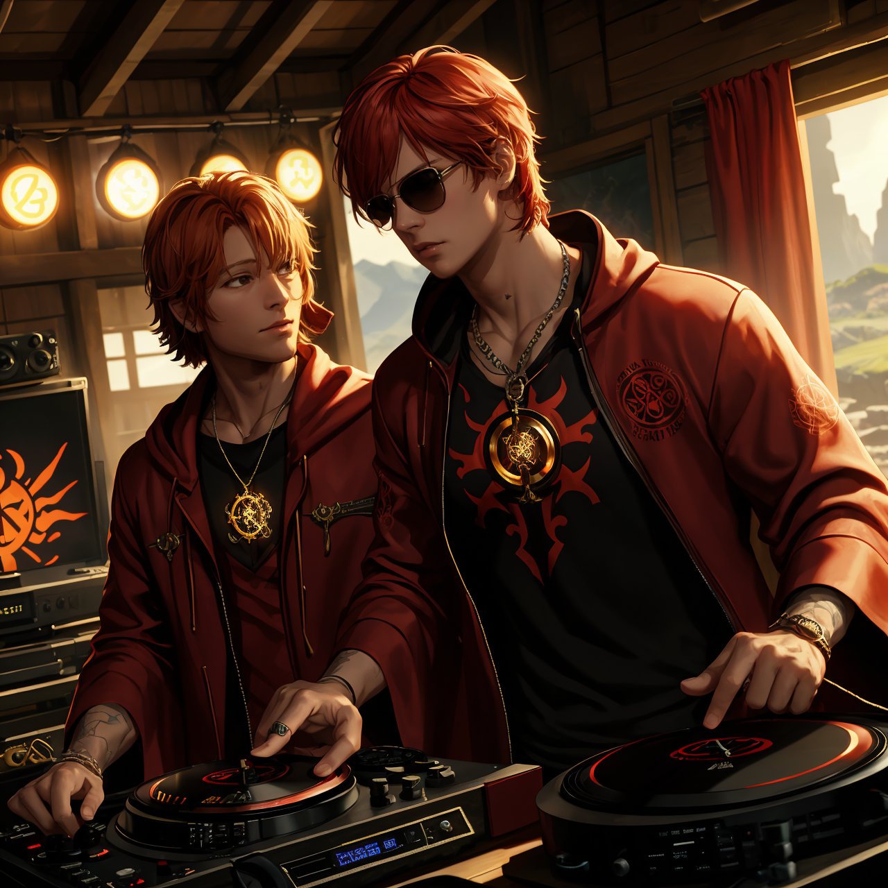 exquisite details and texture, detailed face, anatomy correct, best quality, ultra detailed, photorealistic, cinematic scenic view of 1 male, short hair, orange hair, sunglasses, wore a pair of headphones, red colored robe, cool, flame tattoos, flame pentagram necklace, he was a radio DJ, playing music in a tiny radio studio, a Taiji in the background, Punk style