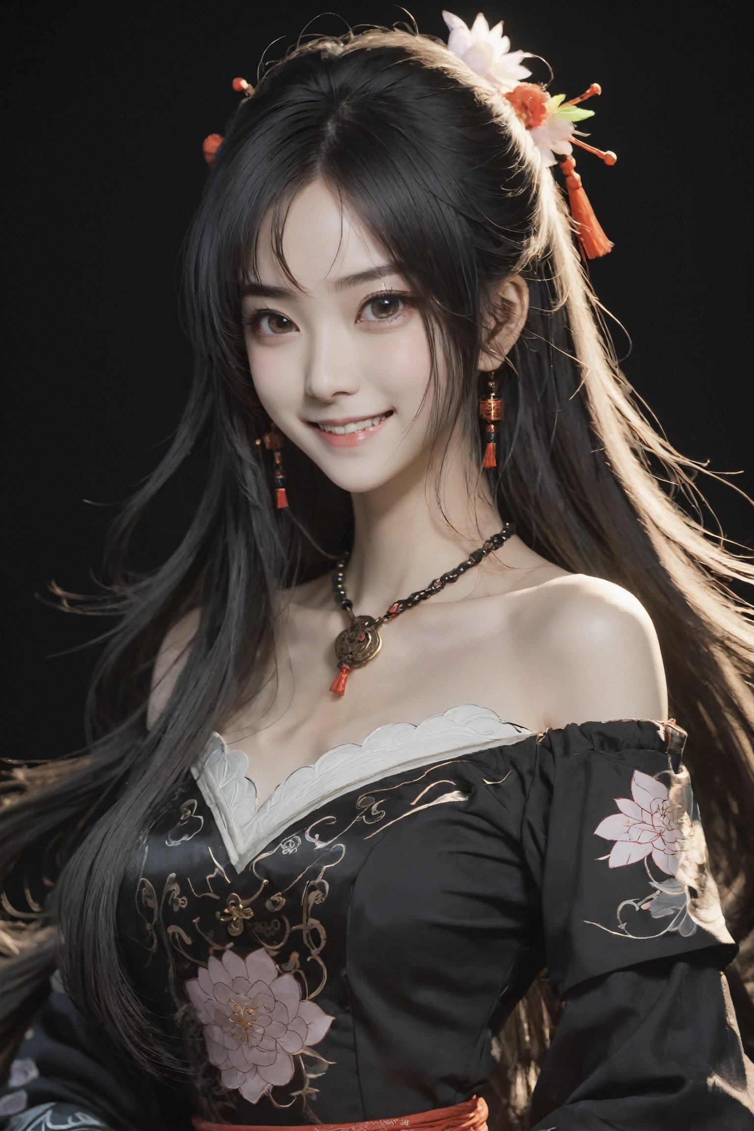 masterpiece, best quality, 1girl, long hair, blouse, light smile, detailed skin, pore, off_shoulder, low key, black_background, ancient China, anime style, 2d 