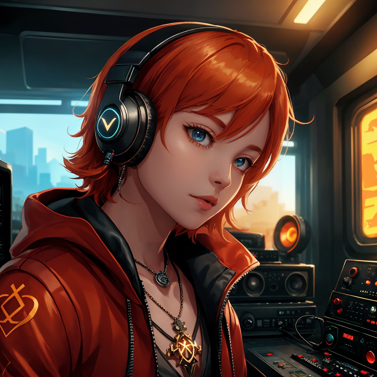 exquisite details and texture, detailed face, anatomy correct, best quality, ultra detailed, photorealistic, ((cinematic scenic view of 1 boy)), short hair, orange hair, sunglasses, wore a pair of headphones, red colored robe, cool, flame tattoos, flame pentagram necklace. He was a radio DJ, playing music in a tiny radio studio, front view, upper body, Cyberpunk style