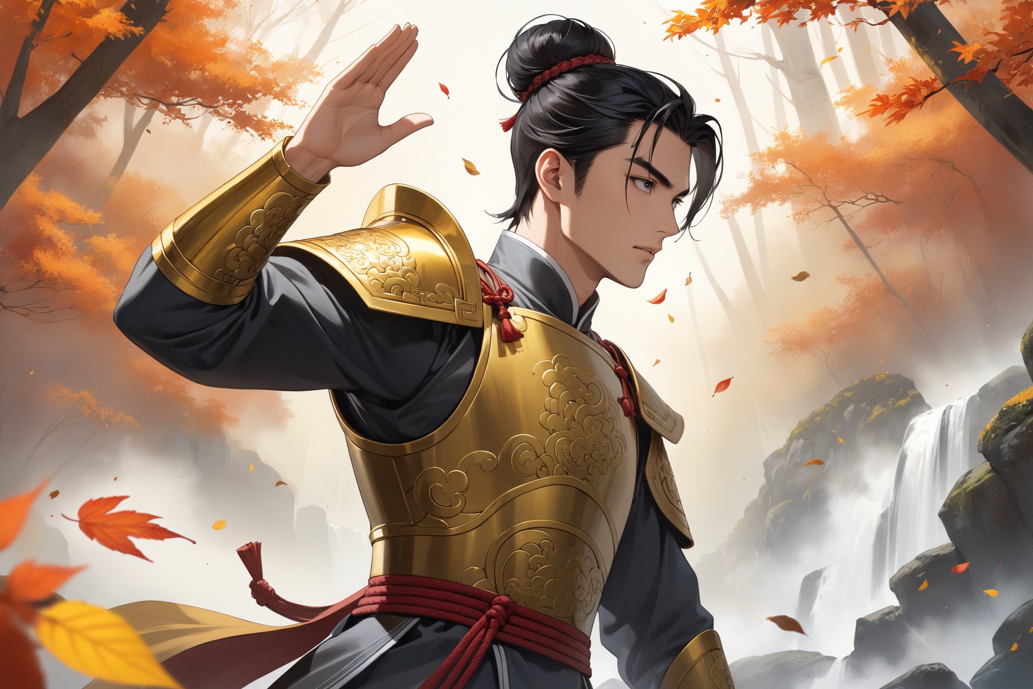 masterpiece, beautiful and aesthetic, ultra detail, intricate, solo, 1male, 25 years old, detailed character design, manly, (puzzled expression), bushy eyebrows, wide eyes, wide jaw, (black hair, a single hair bun), tall and lean, (ancient Chinese armor, golden), (from side:1.5), (hands up), dynamic pose, forests, mists, autumn leaves fluttering around