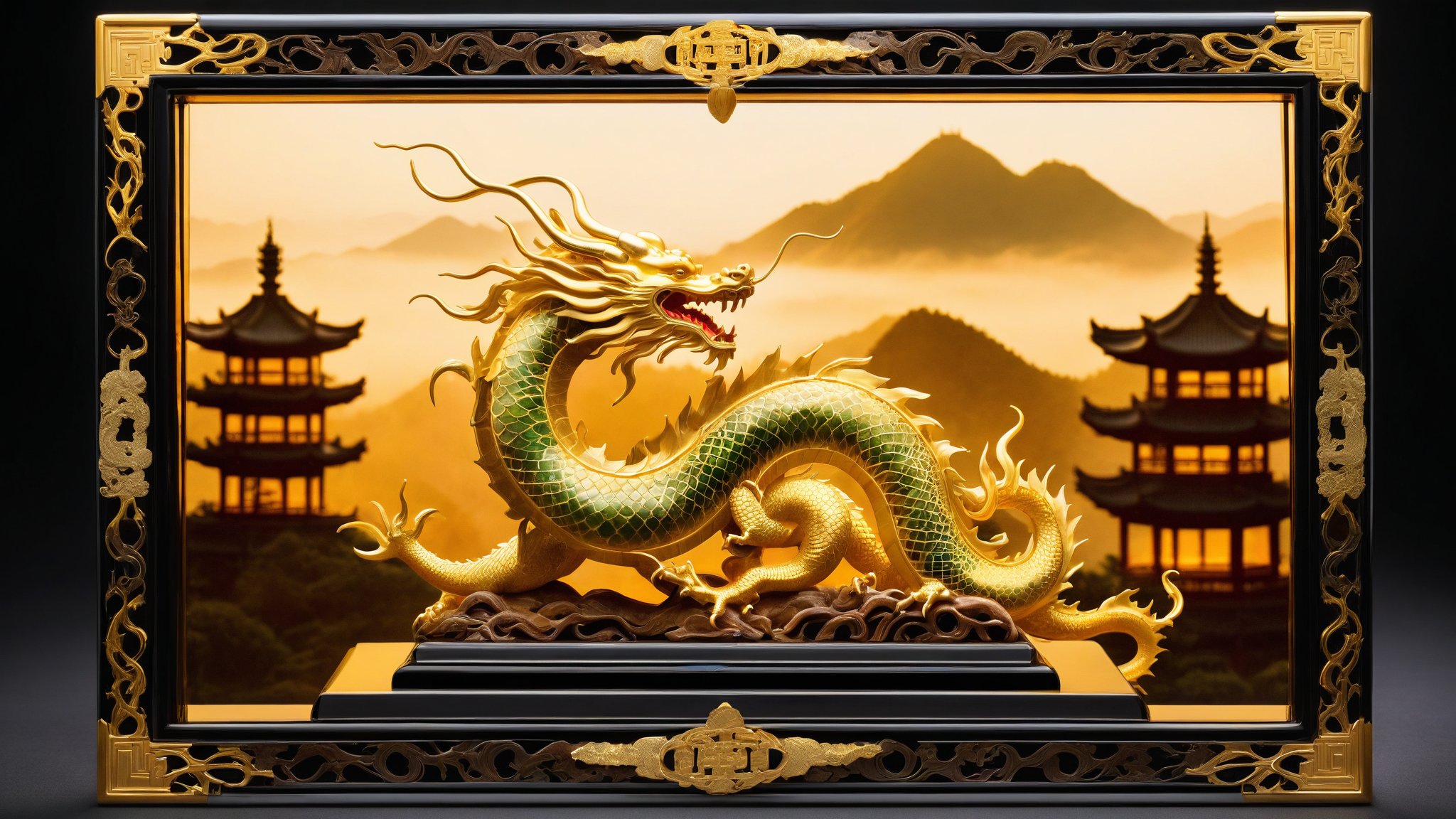 A majestic Golden Jade Dragon rises from a velvet-lined jewel case, its scales glinting under soft, golden lighting that casts a warm glow on the delicate, ornate frame surrounding it. The frame's intricate carvings of Chinese symbols add an air of mystique to the scene. In the blurred background, ancient China's misty mountains and pagoda-topped rooftops evoke a sense of mystery and otherworldly power.