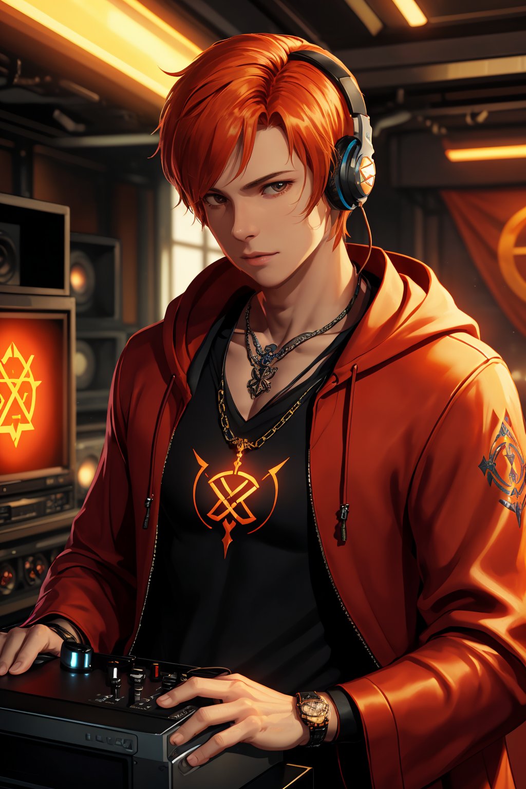 exquisite details and texture, detailed face, anatomy correct, best quality, ultra detailed, photorealistic, ((cinematic scenic view of 1 male, sunglasses)), short hair, orange hair, wore a pair of headphones, red colored robe, cool, flame tattoos, flame pentagram necklace. He was a radio DJ, playing music in a tiny radio studio, front view, upper body, Cyberpunk style