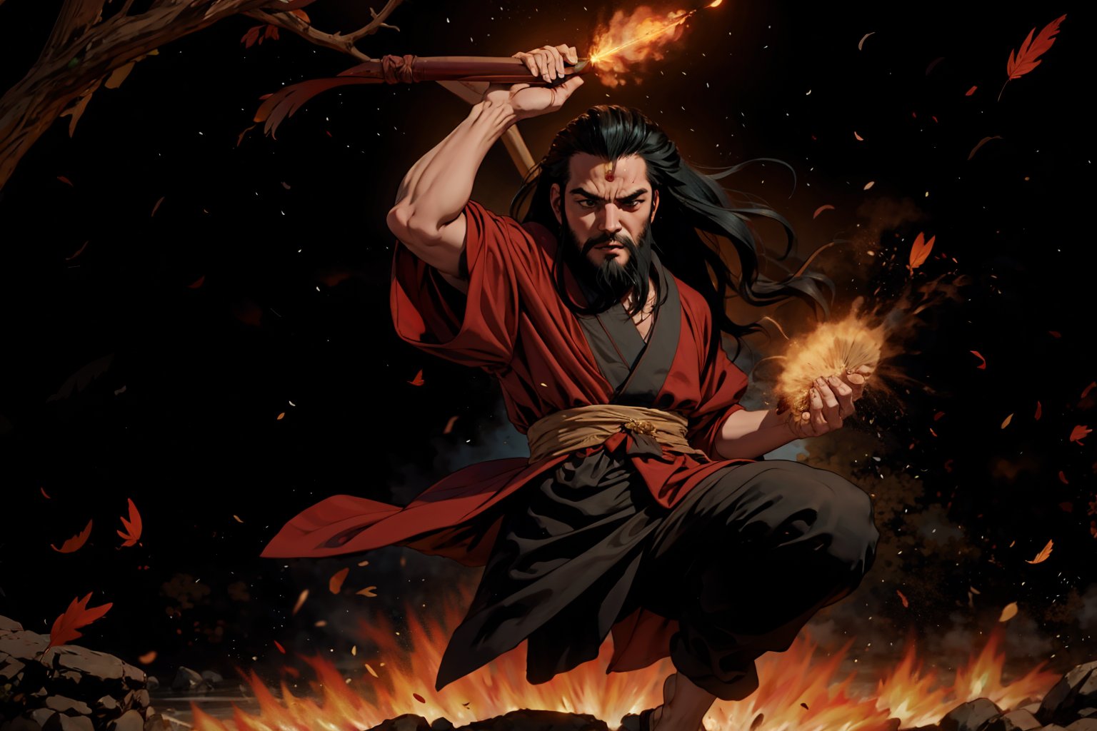 Chinese mythology story, solo, 1man, forty years old, long black hair, two beards, aqua Taoist robe, holding a feather fan, thin and tall, fury, jump up, (full shot:1.3), boichi manga style