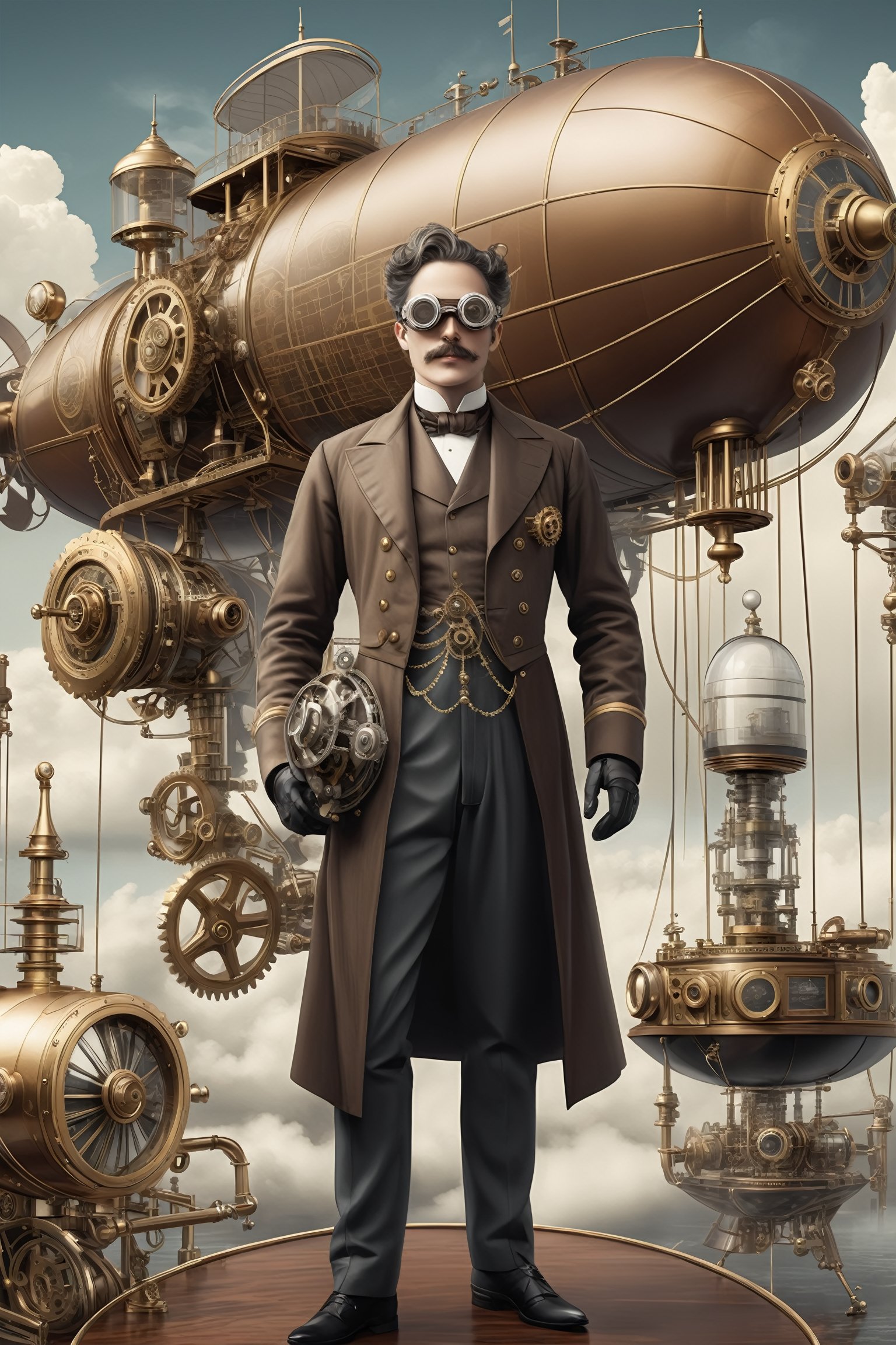 Steampunk illustration, intricate gears, metallic textures, (schematic diagrams overlay:1.3), full body portrait of an inventor wearing goggles and holding a prototype robot, Victorian era aesthetic, airships in the background, steam clouds, full body