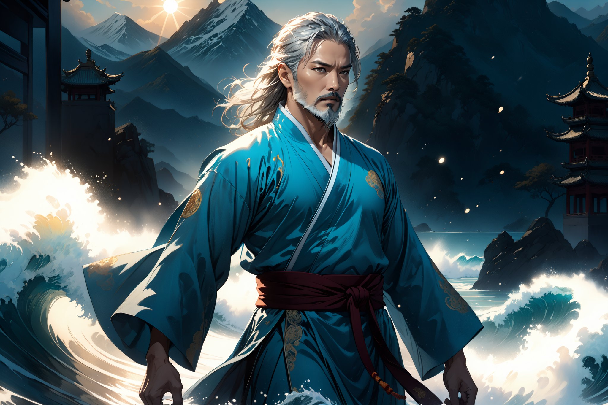 masterpiece, beautiful and aesthetic, ultra detail, intricate, Chinese martial arts animation style, divine, manly, legendary, 1male, solo, (40 years old:1.5), detailed character design, a look of determination, two beards, long grey hair, tall and thin, aqua Taoist robe, upper body, dynamic pose, walking on water, creating a picturesque view of a heavenly palace, wave, bathed in soft and ethereal light.