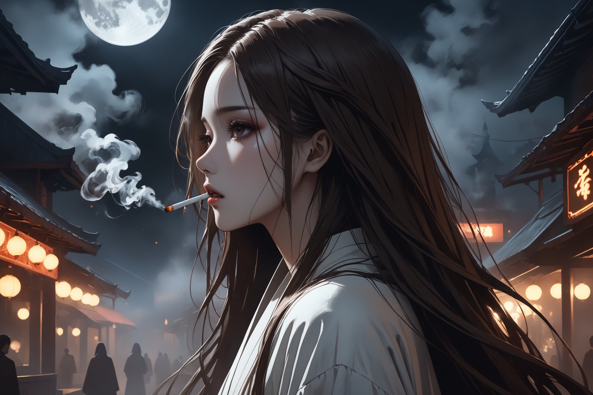 horror-themed {prompt} . eerie, unsettling, dark, spooky, suspenseful, grim, highly detailed, masterpiece, beautiful and aesthetic, ultra detail, intricate, 1female, solo, 20 years old, detailed character design, Asian beauty, feminine soft face, (pale), (dark eyes), sorrow expression, (flowing long hair, brown), (white long robe,), (side view:1.5), (she took a deep drag on the cigarette, then blew the smoke towards the air), outdoors, night club street, mists, night moon