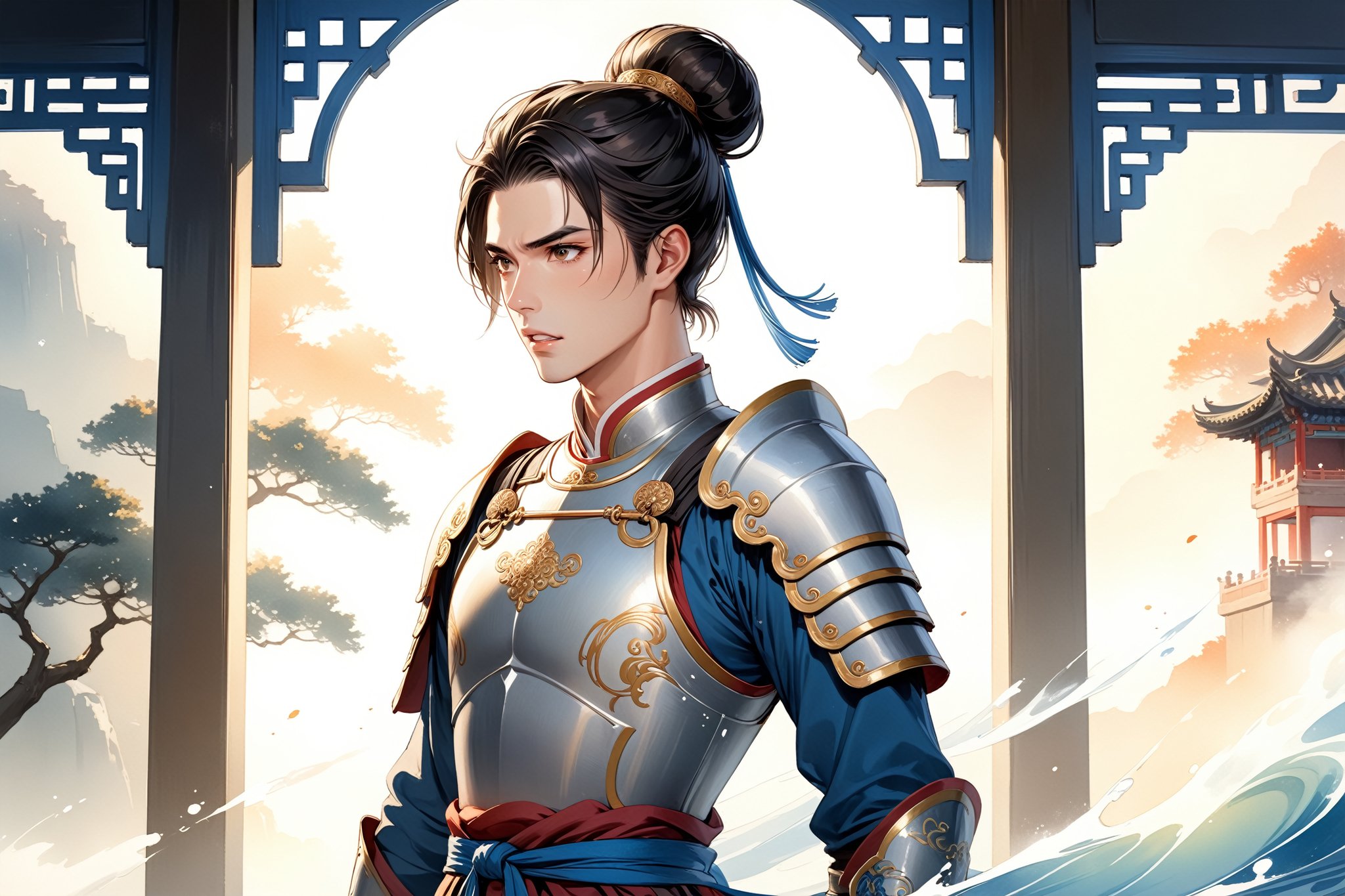 masterpiece, beautiful and aesthetic, ultra detail, intricate, (solo, 1male:1.5), 25 years old, detailed character design, Chinese mythology story, a heavenly guardian, serene expression, manly, bushy eyebrows, big eyes, (wide jaw:1.5), (black hair, a single hair bun), tall and lean, (Han Chinese clothing, armor, brown), upper body, dynamic pose, standing, holding a book, creating a picturesque view of a heavenly palace, bathed in soft, ethereal light.