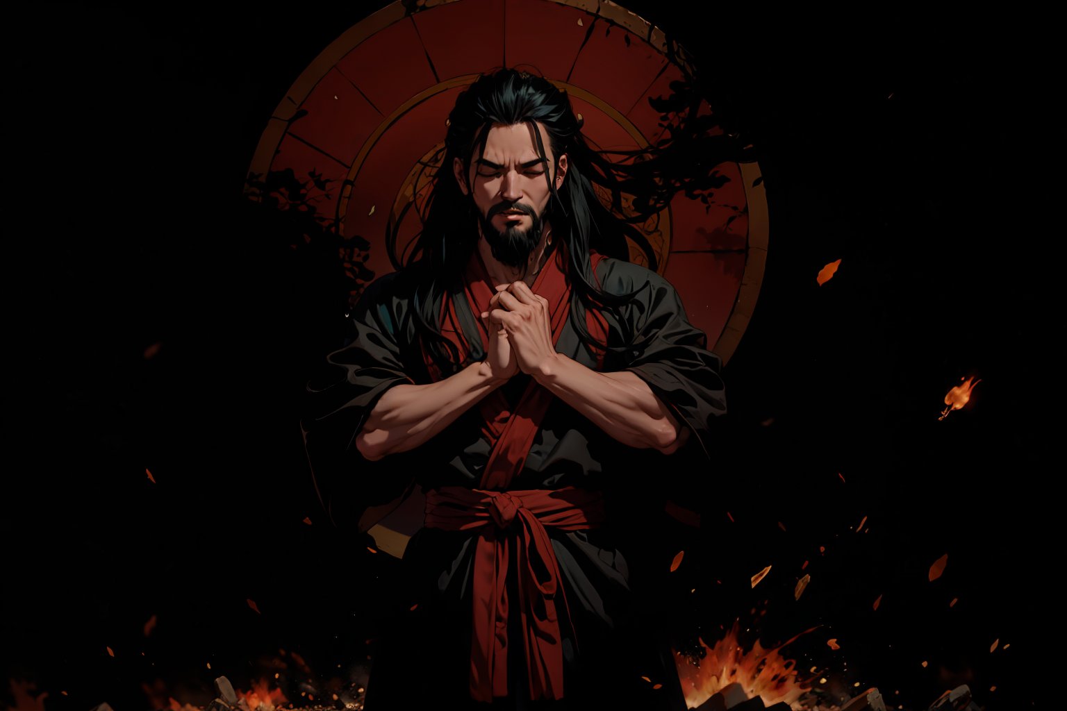 Chinese mythology story, solo, 1man, forty years old, long black hair, two beards, aqua Taoist robe, thin and tall, closed eyes, he lowered his head and murmured to himself, with his hands clasped on his chest, Chinese martial arts animation style, boichi manga style
