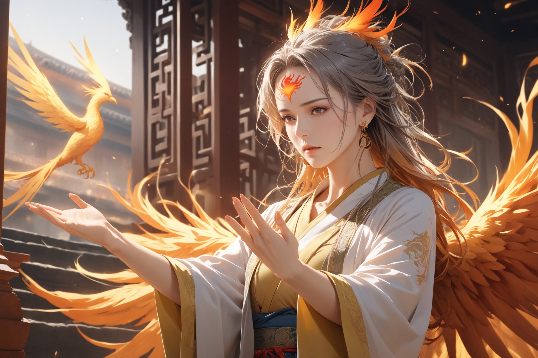 masterpiece, beautiful and aesthetic, ultra detail, intricate, 1female, solo, 50 years old, detailed character design, (sorrow expression), manly, (a phoenix tattoo on forehead:1.5), golden eyes, crescent earrings, (short and messy hair, gradient hair, multicolored hair), (short stature, golden feather wings), (Hanfu, feather), weak pose, (spread hands:1.5), (a phoenix in the background), magic effect, dreamlike, indoors, in the ancient Chinese temple