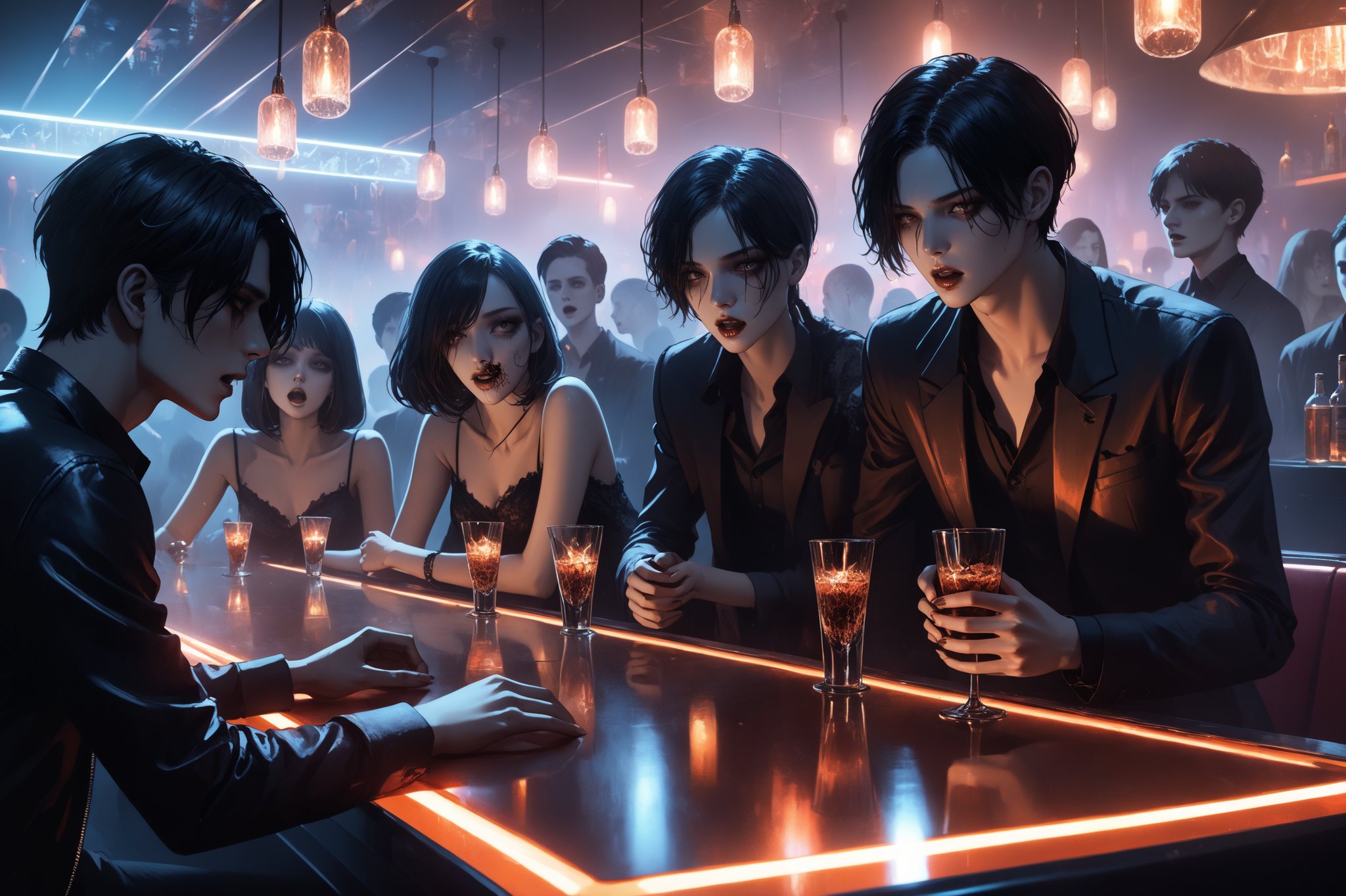 horror-themed {prompt}. eerie, unsettling, dark, spooky, suspenseful, grim, highly detailed, masterpiece, beautiful and aesthetic, ultra detail, intricate, describing a group of young men and women drinking and having fun in a nightclub