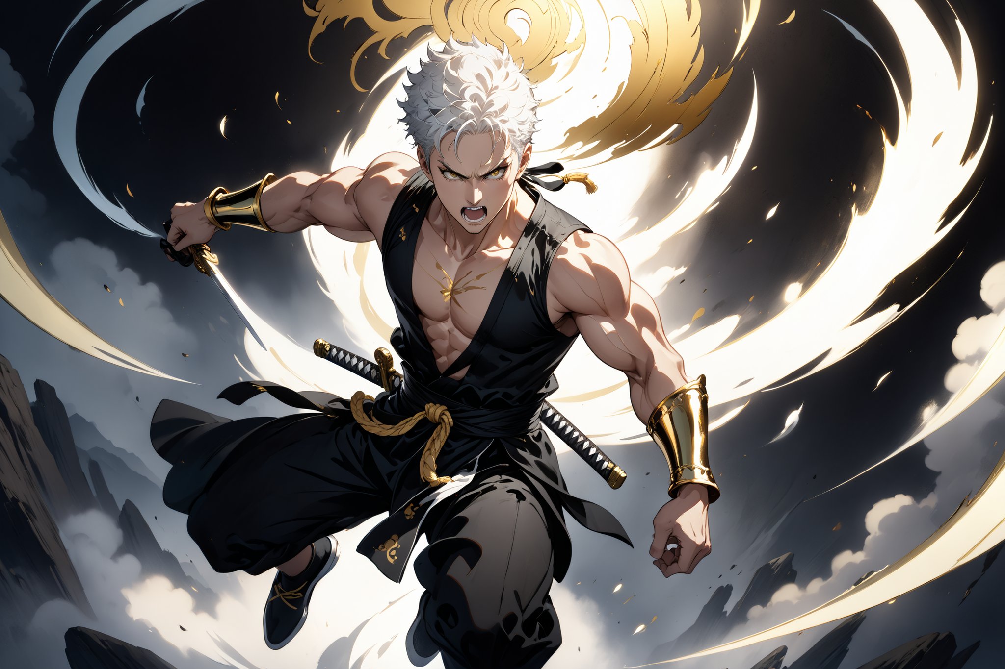 masterpiece, beautiful and aesthetic, ultra detail, intricate, 1male, solo, Roronoa Zoro features, detailed character design, fierce expression, open mouth, yelling, (white hair), exquisite body, strong abdominal muscles, (golden armlet:1.2 ), (black half gloves), black martial arts belt, (black Hanfu, sleeveless), black lace-up ankle brace, (he holds the golden sword high in both hand:2), (leaping in the air:2), (from above:1.5), dynamic pose, dramatic arc of light and shadow, Chinese martial arts animation style, peak, white smokes, mists