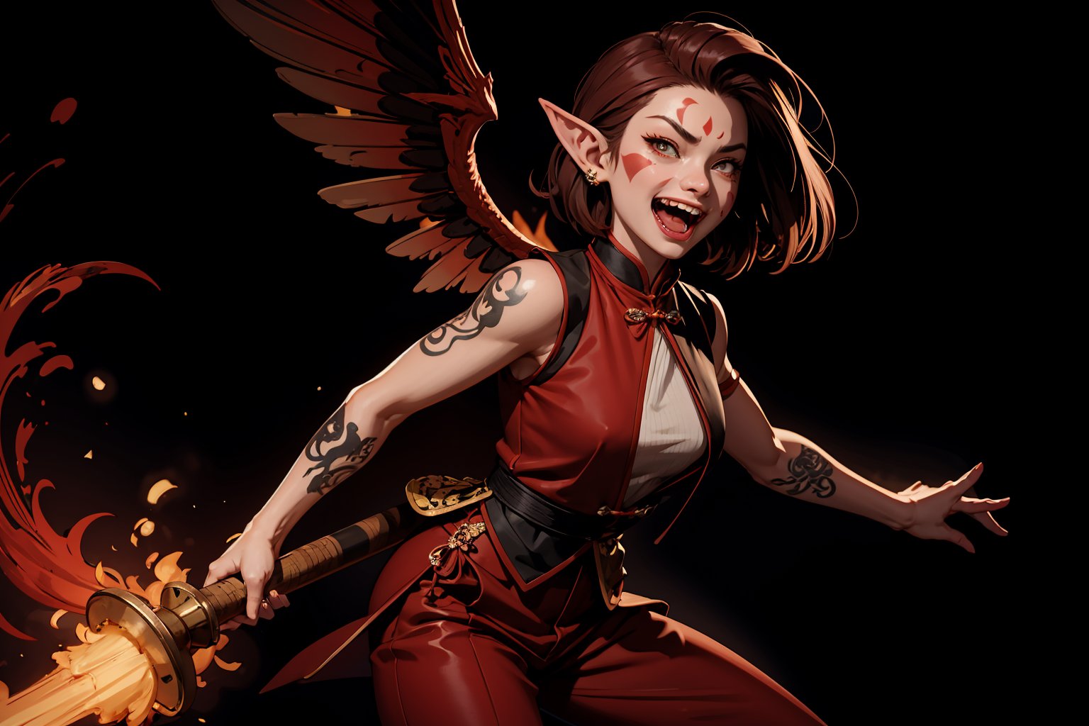 Chinese mythology, solo, 1female, monster_girl, short hair, dark red hair, (facial marks), fierce face, evil face, fangs, sexy lips, (pointed ears), (dark skin), strong body, (phoenix tattoo), (a single wing behind:1.2), (roar with laughter:1.2), dark red vest, long pants, holding a mace, Chinese martial arts animation style