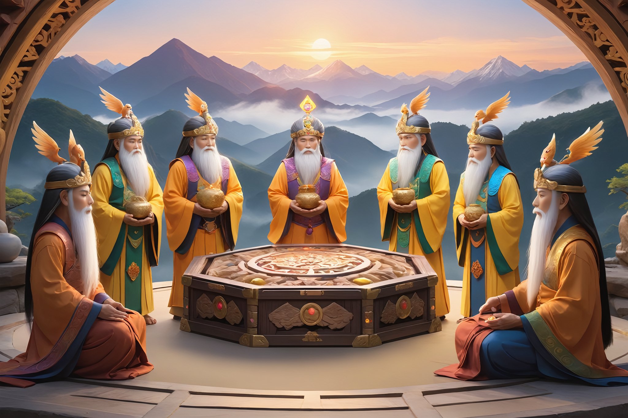 A majestic, misty mountain range serves as the backdrop for a serene and mystical scene. Ten venerable elder guardians stand in a semi-circle, each holding a four-color treasure box adorned with intricate carvings and gemstones. The soft, golden light of dawn casts a warm glow on their wise faces, as they gaze intently at the treasures within their grasp.