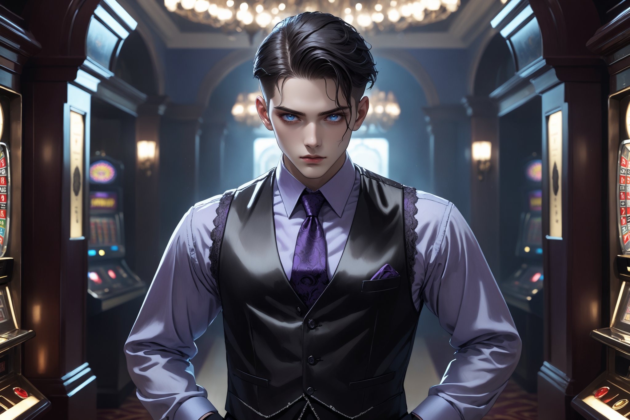 horror-themed {prompt} . eerie, unsettling, dark, spooky, suspenseful, grim, highly detailed, masterpiece, beautiful and aesthetic, ultra detail, intricate, 1male, solo, 23 years old, detailed character design, delicate face, (proud expression), light blue eyes, (dark hair, Classic Undercut), silver waistcoat, purple shirt, deep blue tie, (hands in pockets:1.5), dynamic pose, action-packed, in the casino 