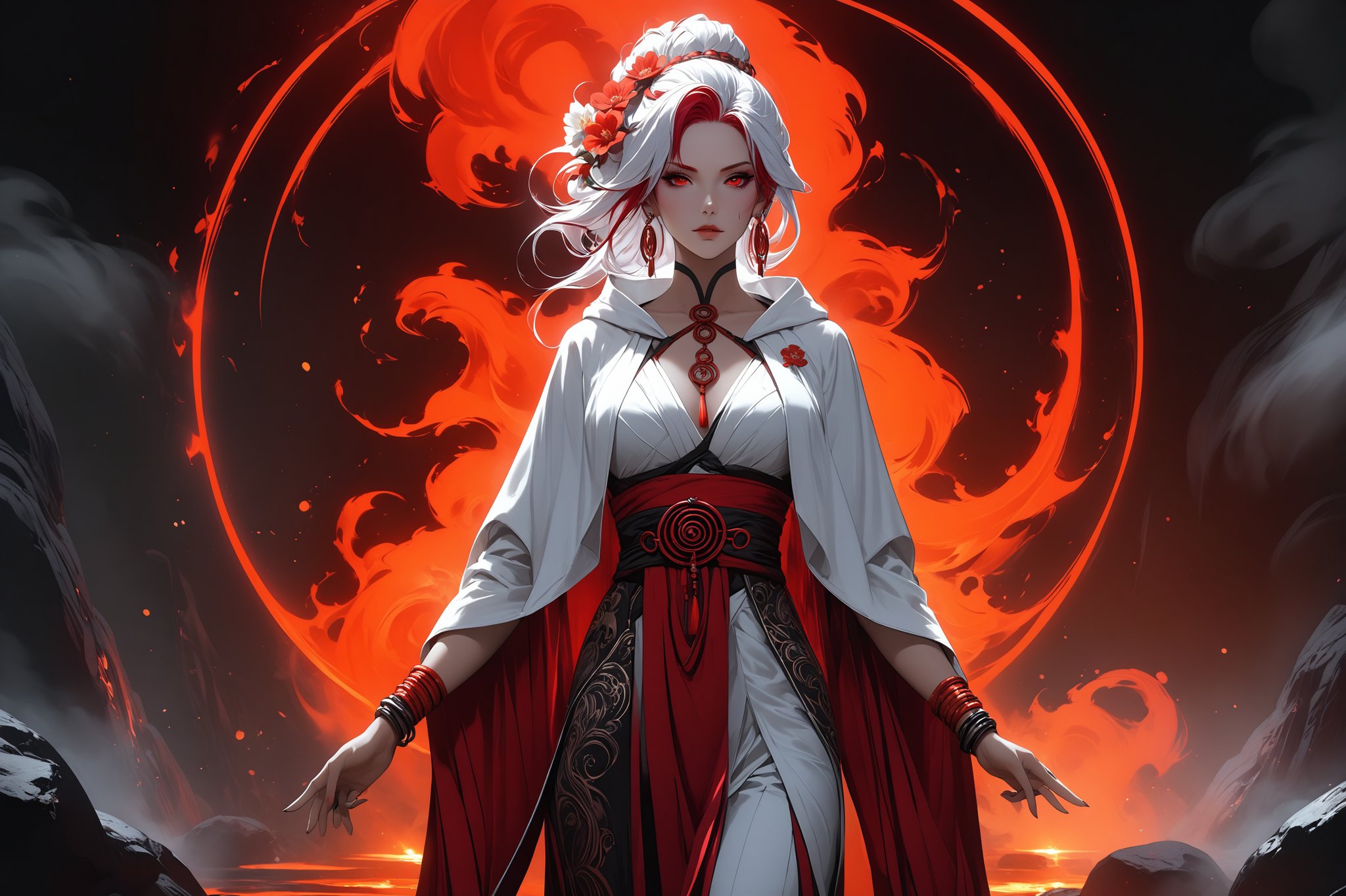 masterpiece, beautiful and aesthetic, ultra detail, intricate, 1female, 40 years old, detailed character design, sorceress, mysterious, (a red mole on forehead:1.2), red eyes, hoop earrings, (medium hair, traditional Chinese updo, Split-color Hair, white Hair, red Hair), hair flower, bangle, short stature, hooded cloak, (Taoist robe, pants, orange), cane, (rear face:1.5), dynamic pose, her hands crackling with arcane energy, standing on lava, smokey, mysterious colorful, magic effect, in heavenly palace