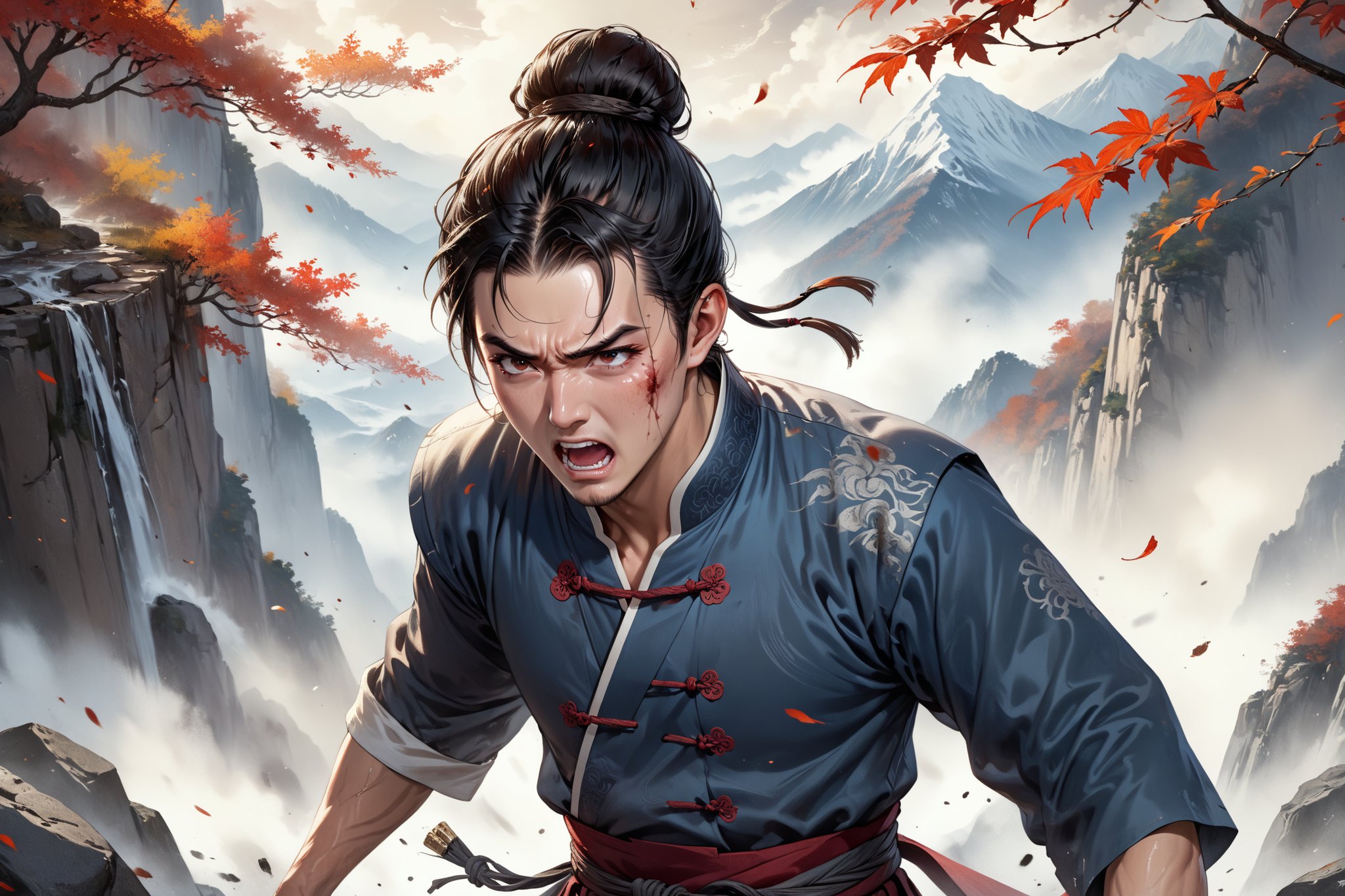 masterpiece, beautiful and aesthetic, ultra detail, intricate, (solo, 1male:1.5), 25 years old, detailed character design, manly, bushy eyebrows, wide eyes, wide jaw, (black hair, a single hair bun), tall and lean, (Han Chinese clothing, brown). A masterpiece of agony: Brutally assaulted by his opponent's countless stabs. Ultra-detailed intricate wounds cover his body, clothes shredded by razor-sharp knives, face contorted in pain as he stands unsteadily, teetering on the brink of collapse. Mountain, mists, autumn leaves fluttering around