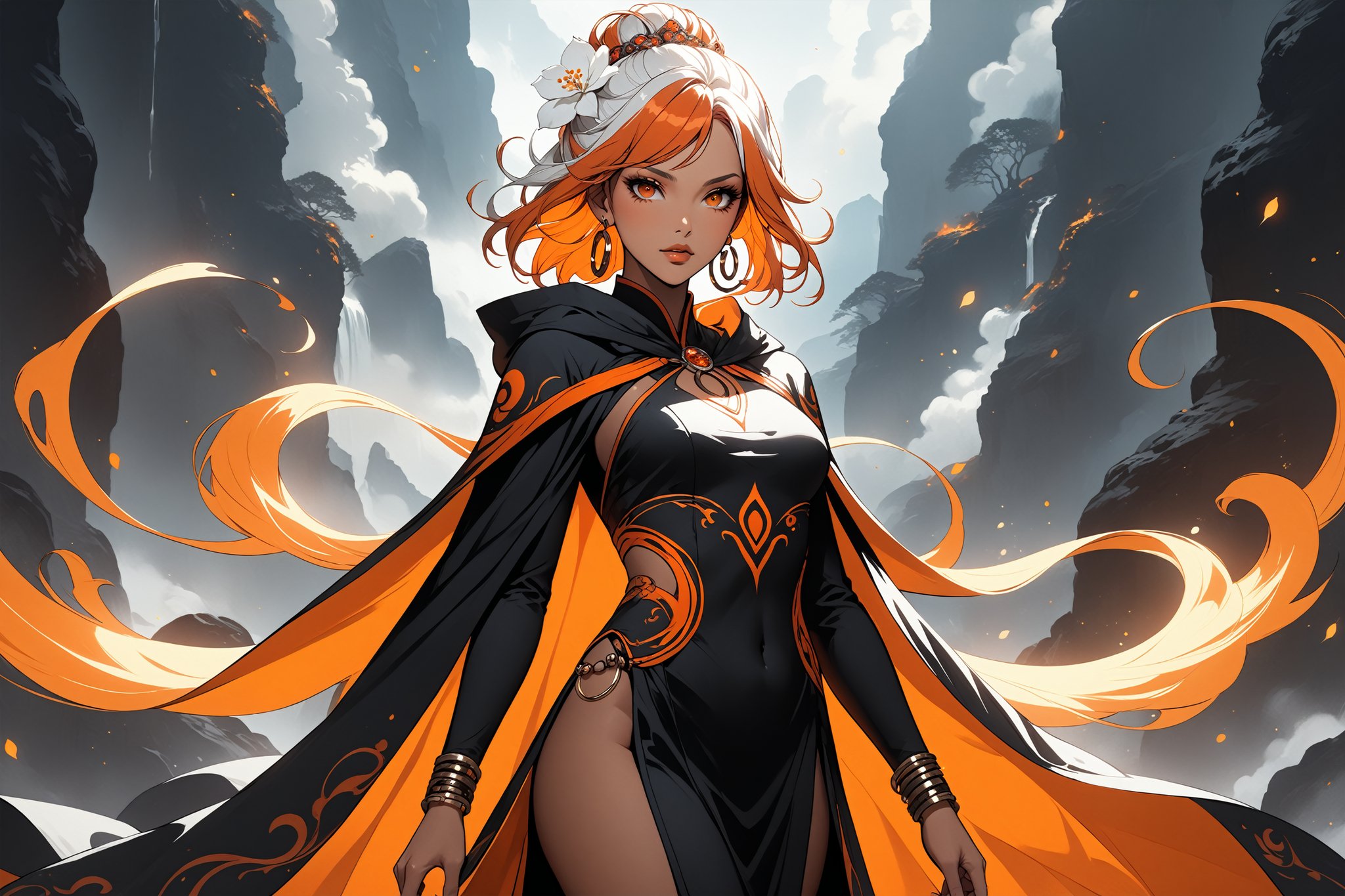 masterpiece, beautiful and aesthetic, ultra detail, intricate, 1female, 40 years old, detailed character design, sorceress, mysterious, a red mole on forehead, orange eyes, hoop earrings, (medium hair, updo, Split-color Hair, white Hair, Orange Hair), hair flower, bangle, short stature, tan skin, hooded cloak, (Taoist long robe, orange), cane, full body, dynamic pose, her hands crackling with arcane energy, standing on lava, smokey, mysterious colorful, magic effect, in heavenly palace