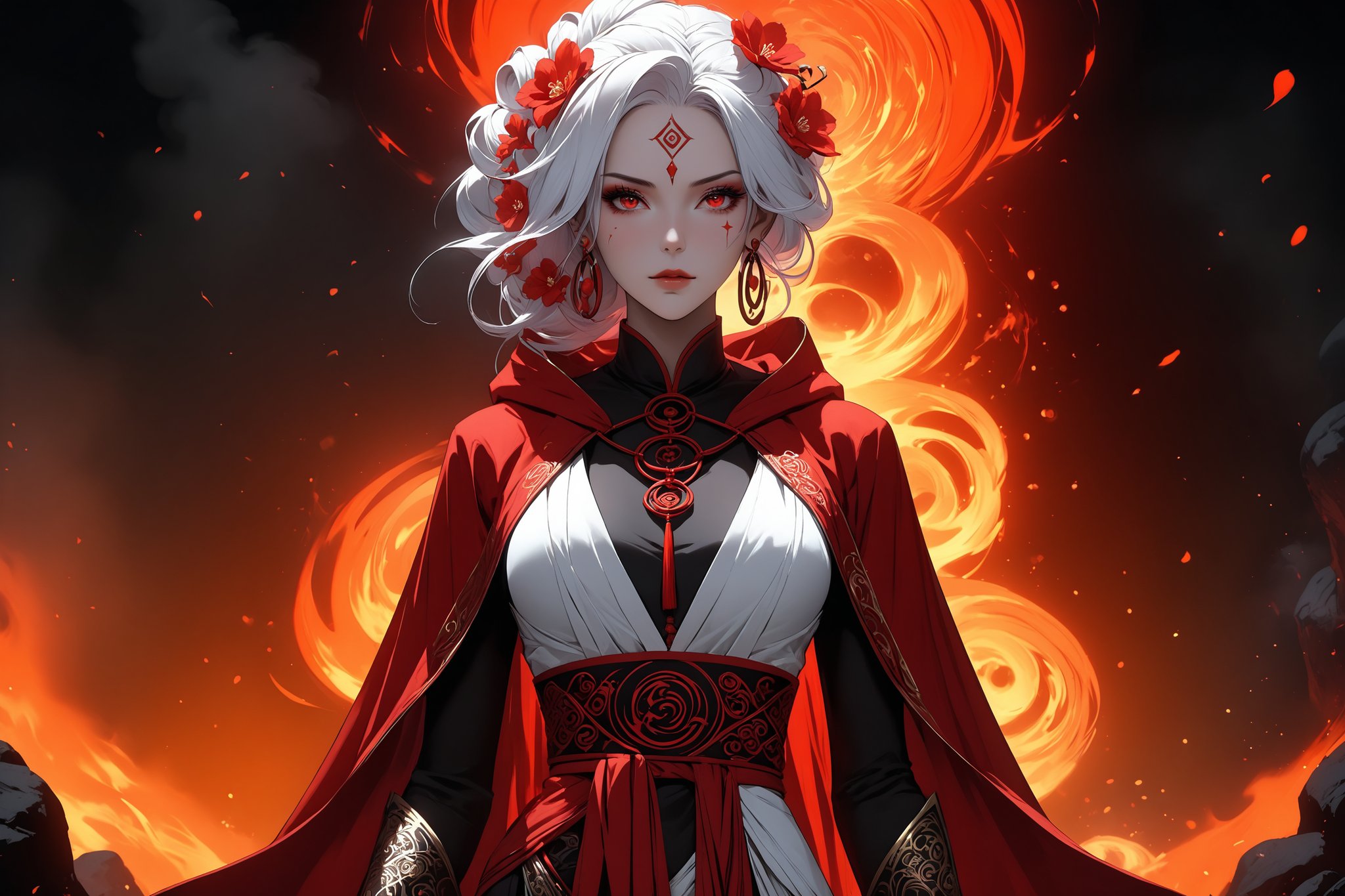 masterpiece, beautiful and aesthetic, ultra detail, intricate, 1female, 40 years old, detailed character design, sorceress, mysterious, (a red mole on forehead:1.2), red eyes, hoop earrings, (medium hair, traditional Chinese updo, Split-color Hair, white Hair, red Hair), hair flower, bangle, short stature, hooded cloak, (Taoist robe, pants, orange), cane, (face close-up), dynamic pose, her hands crackling with arcane energy, standing on lava, smokey, mysterious colorful, magic effect, in heavenly palace