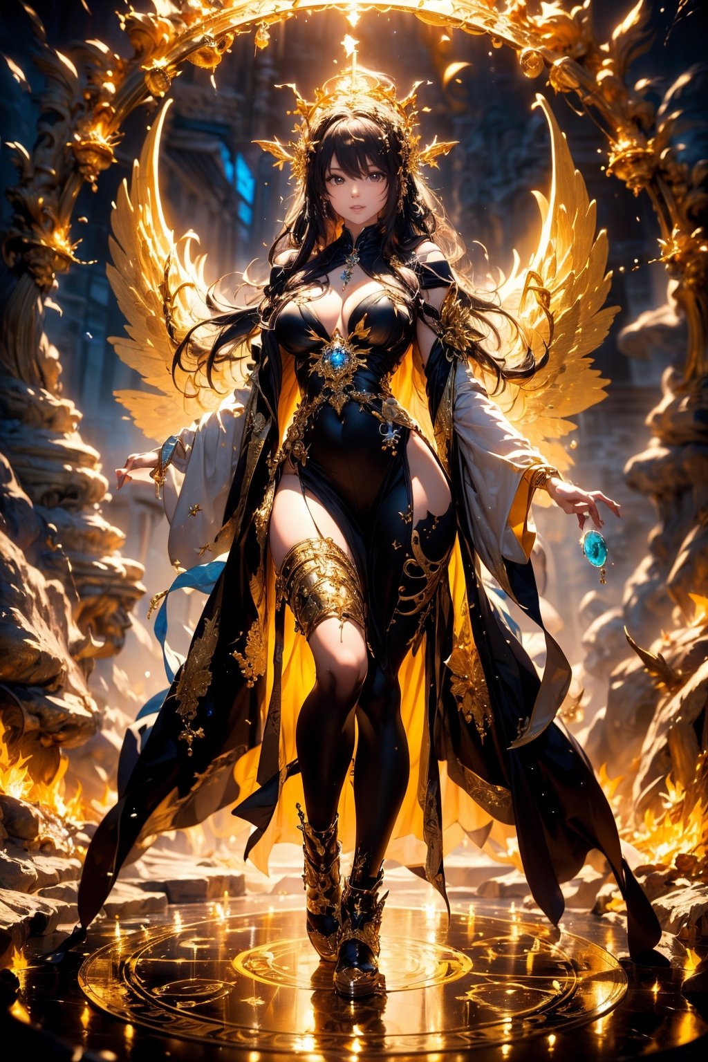 (masterpiece, top quality, best quality, official art, beautiful and aesthetic:1.2), solo, goddess, (smile), long hair, hanfu, long robe, crown, light of wings, full body shot, magic circle. The worlds greatest horde of treasure ever collected, epic proportions, (colorful), dreamlike, gold, jewelry, treasure, riches, pules of gold, gems, riches, treasure vault, biggest treasure in the world, extreme detailed, (abstract, fractal art:1.3), hyper detailed masterpiece, dynamic, awesome quality,