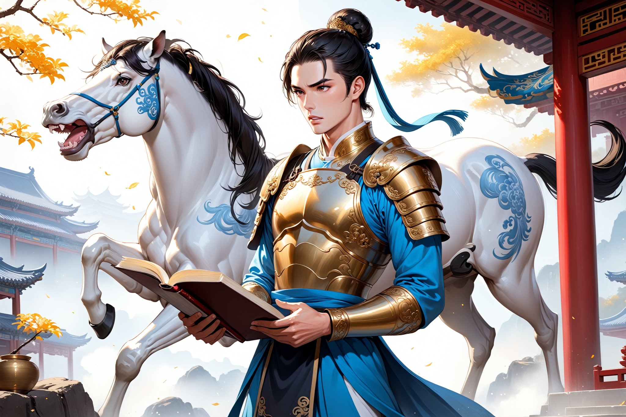 masterpiece, beautiful and aesthetic, ultra detail, intricate, (solo, 1male:1.5), 25 years old, detailed character design, Chinese mythology story, a heavenly guardian, serene expression, manly, bushy eyebrows, large eyes, (wide jaw:1.5), (black hair, a single hair bun), tall and lean, (Han Chinese clothing, armor, brown),  dynamic pose, taking a book, creating a picturesque view of a heavenly palace, bathed in soft, ethereal light.